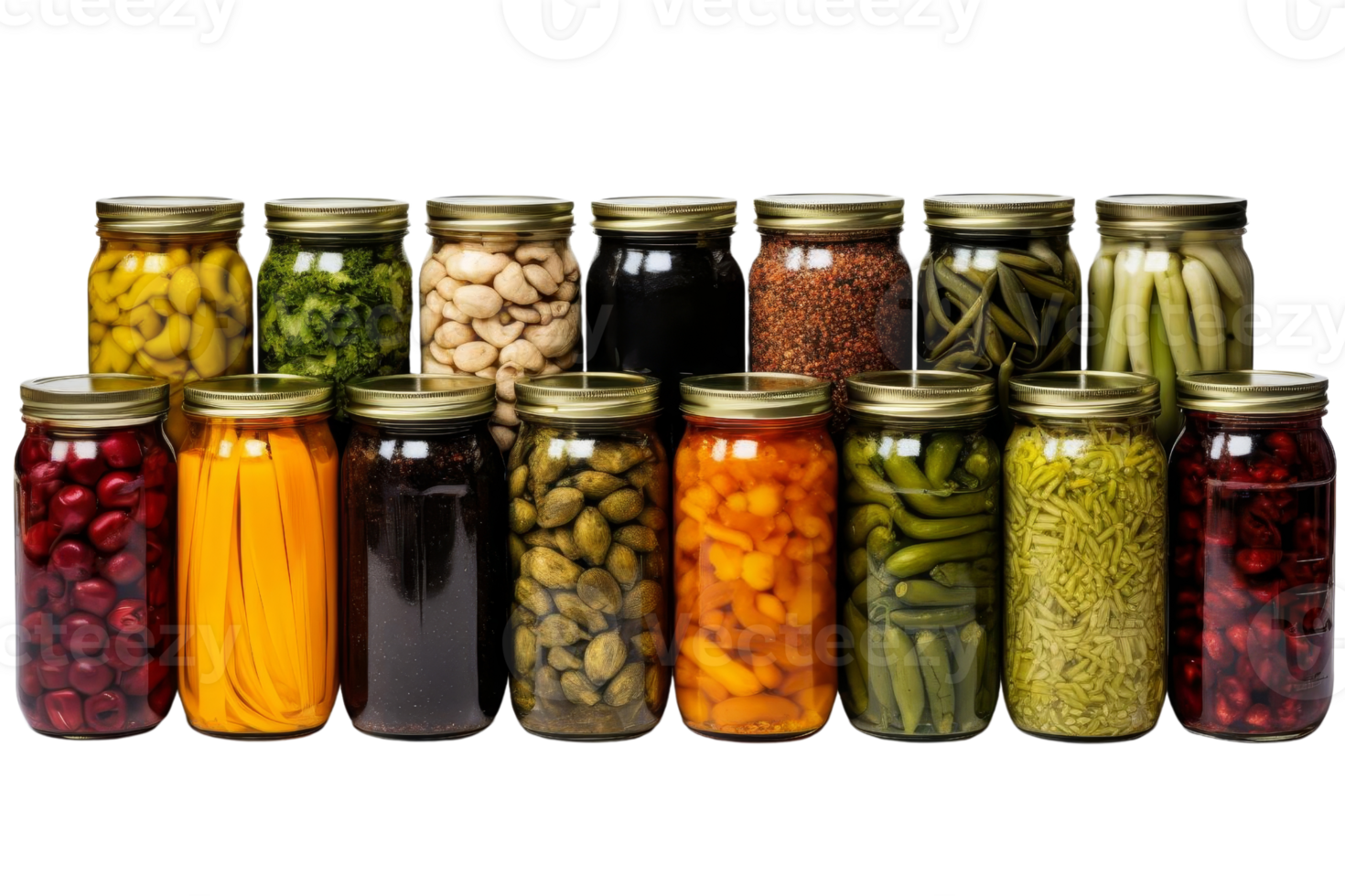 A row of glass jars filled with various pickles and vegetables. The jars are lined up in a row, with some being taller than others. The jars are of different sizes and colors png