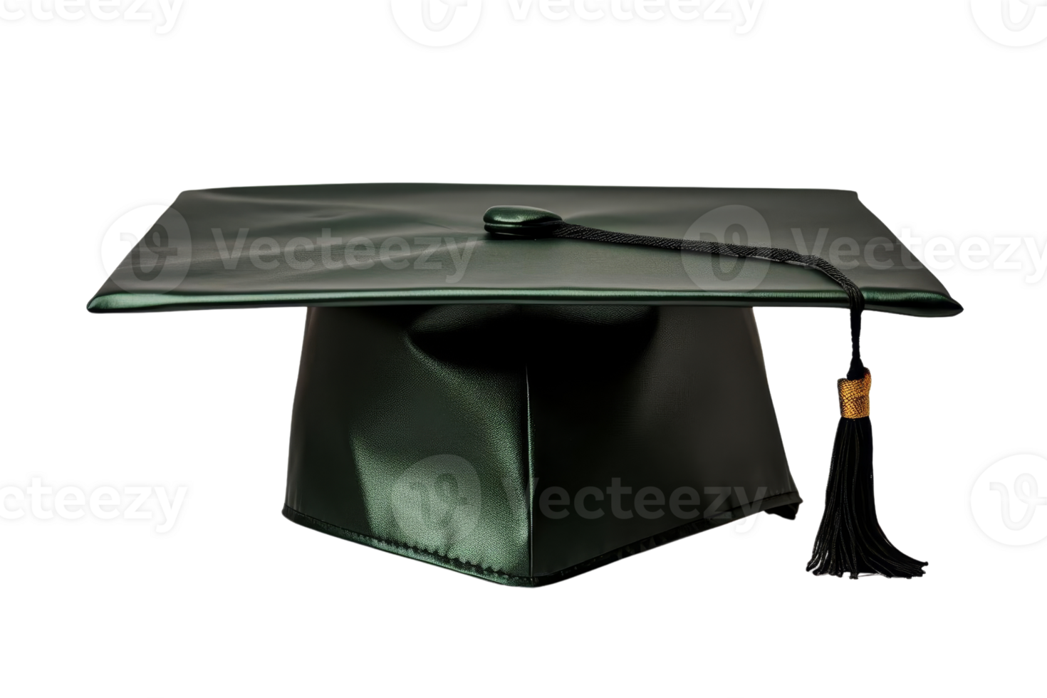 A green graduation cap with a black tassel. The cap is made of leather and has a gold trim png