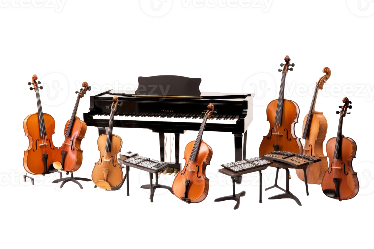 A group of string instruments, including a piano, sit in a row. The instruments are of various sizes and shapes, and they are arranged in a way that creates a sense of harmony and unity png