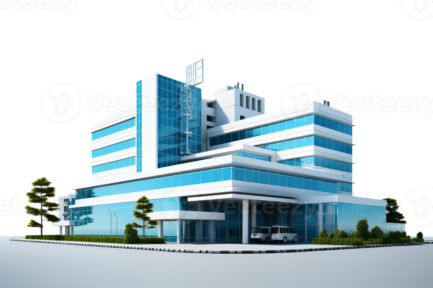 A large, modern hospital building with a parking lot in front. The building is made of glass and has a sleek, modern design. The parking lot has a few cars parked in it, including a van and a truck png