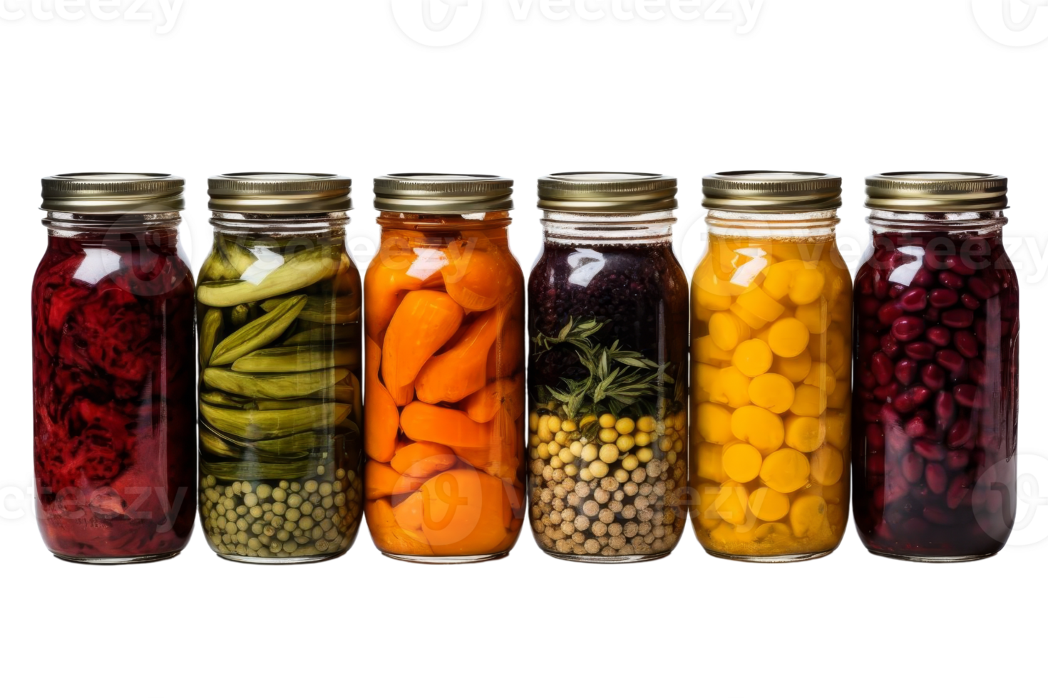 A row of glass jars filled with various vegetables and beans. The jars are lined up next to each other, creating a sense of order and organization. The variety of colors png