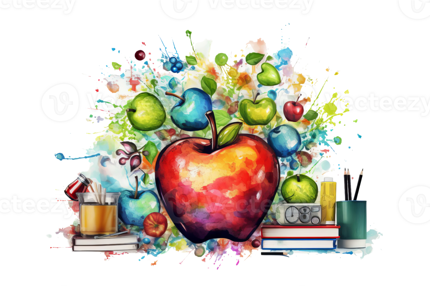 A colorful apple is surrounded by a variety of fruits and books. Concept of creativity and learning, as the fruits and books represent the importance of a healthy diet and education png