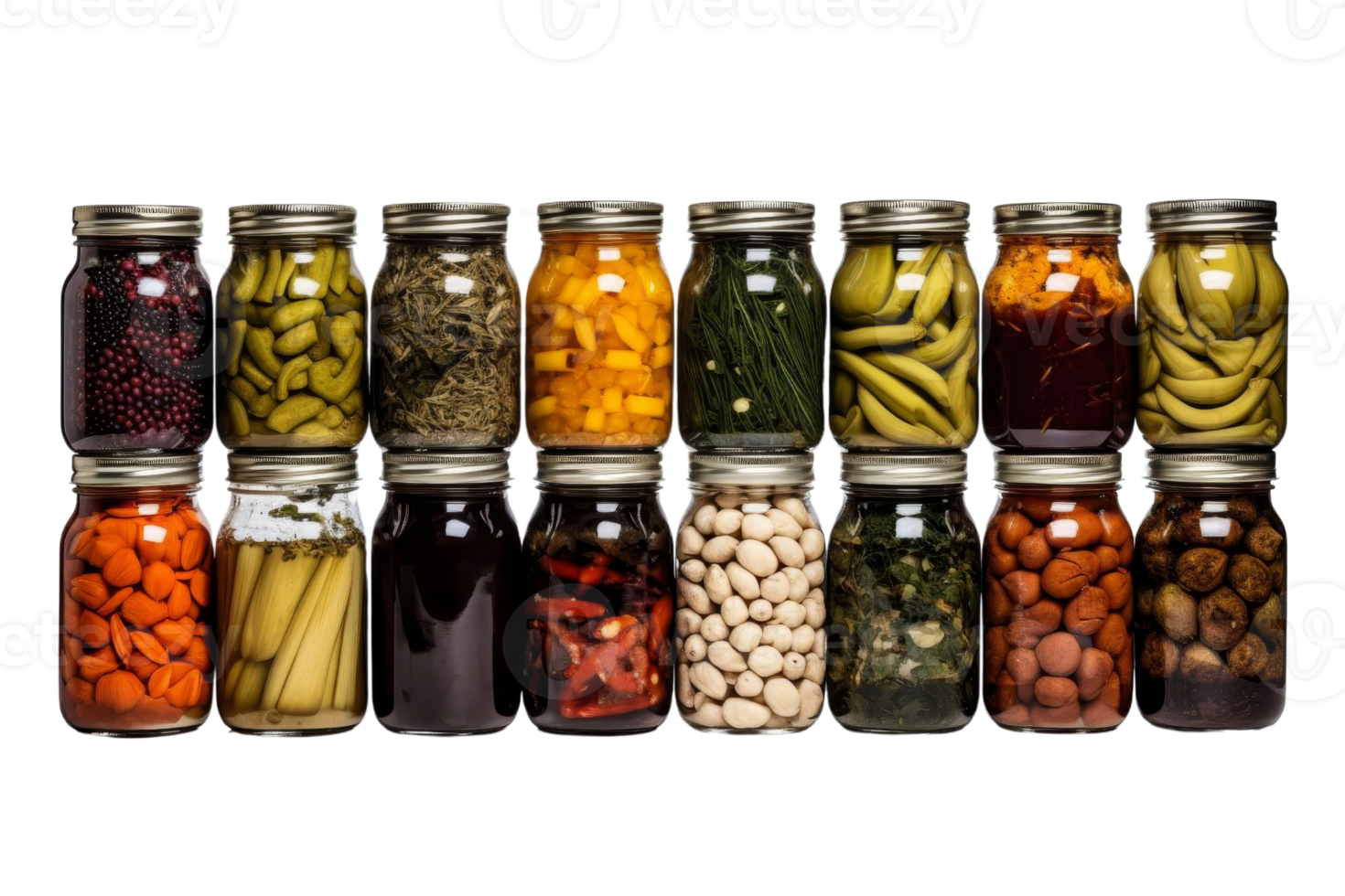 A row of jars filled with various pickles and vegetables. The jars are lined up in a row, with some of them being taller than others. The jars are of different sizes and shapes png