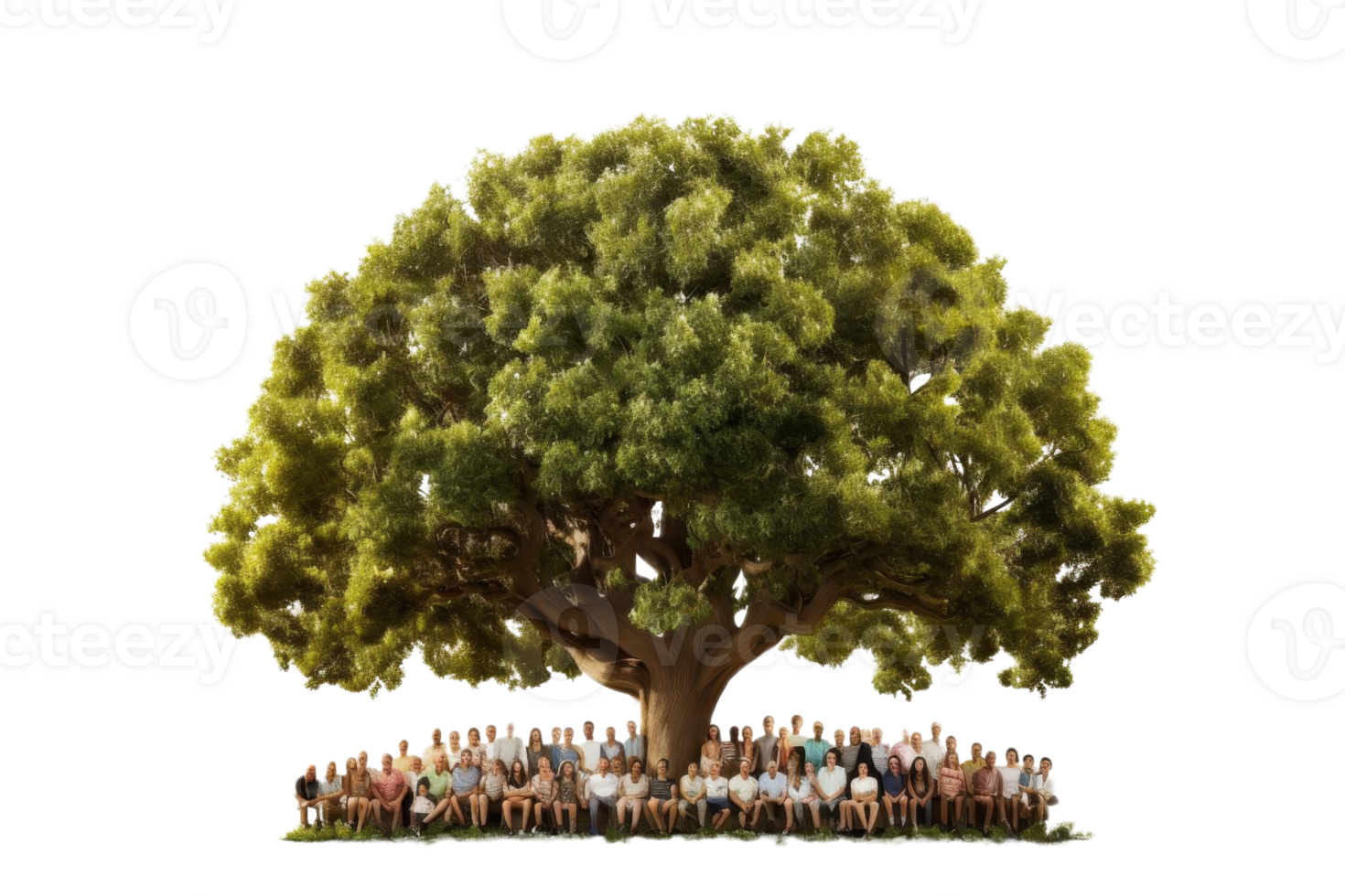 A large tree with a group of people sitting underneath it. The tree is the main focus of the image, and the people are arranged around it in a circle. Concept of community and togetherness png