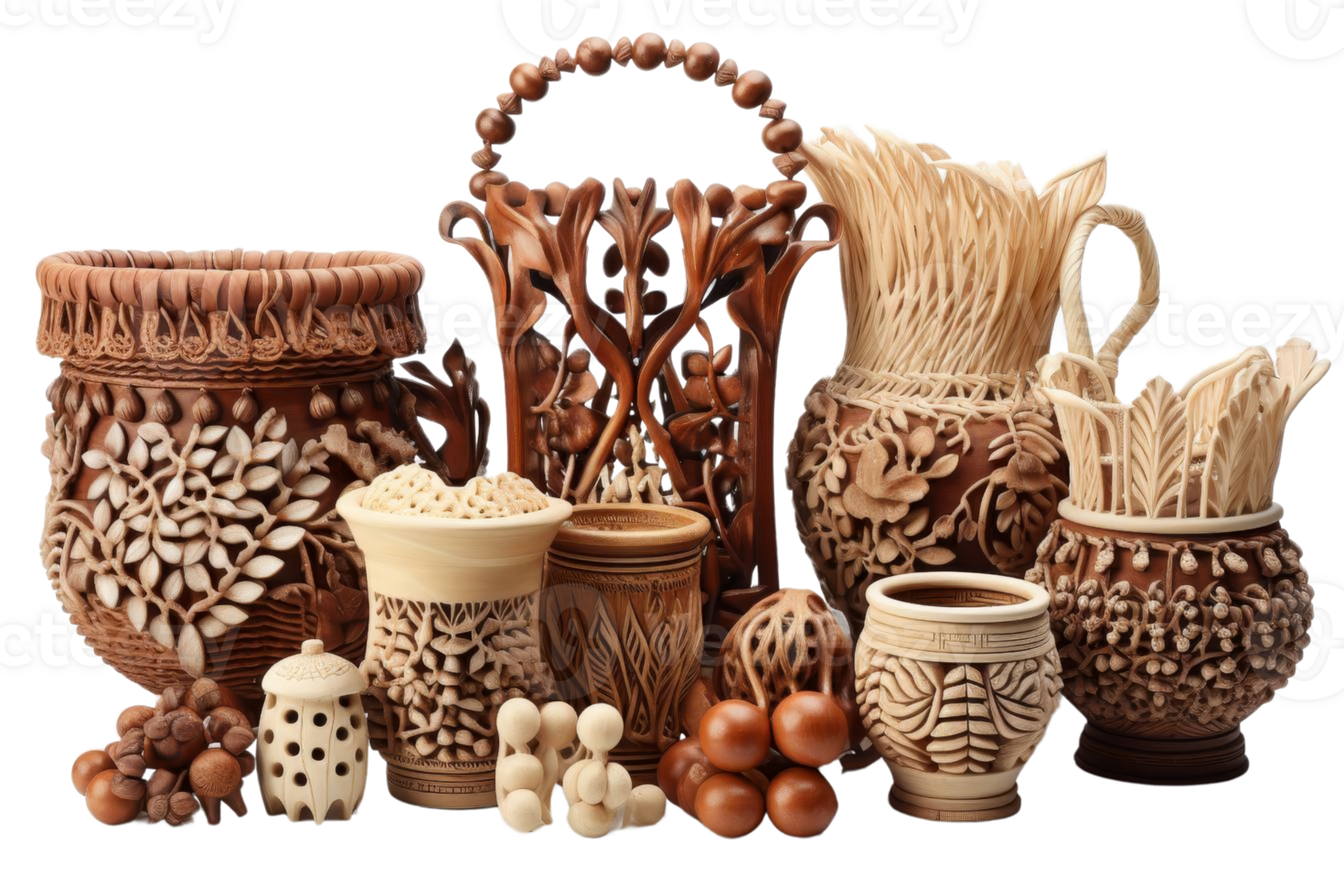 A collection of wooden vases and bowls with intricate designs and patterns. The vases and bowls are arranged in a row, with some placed closer to the front and others further back png