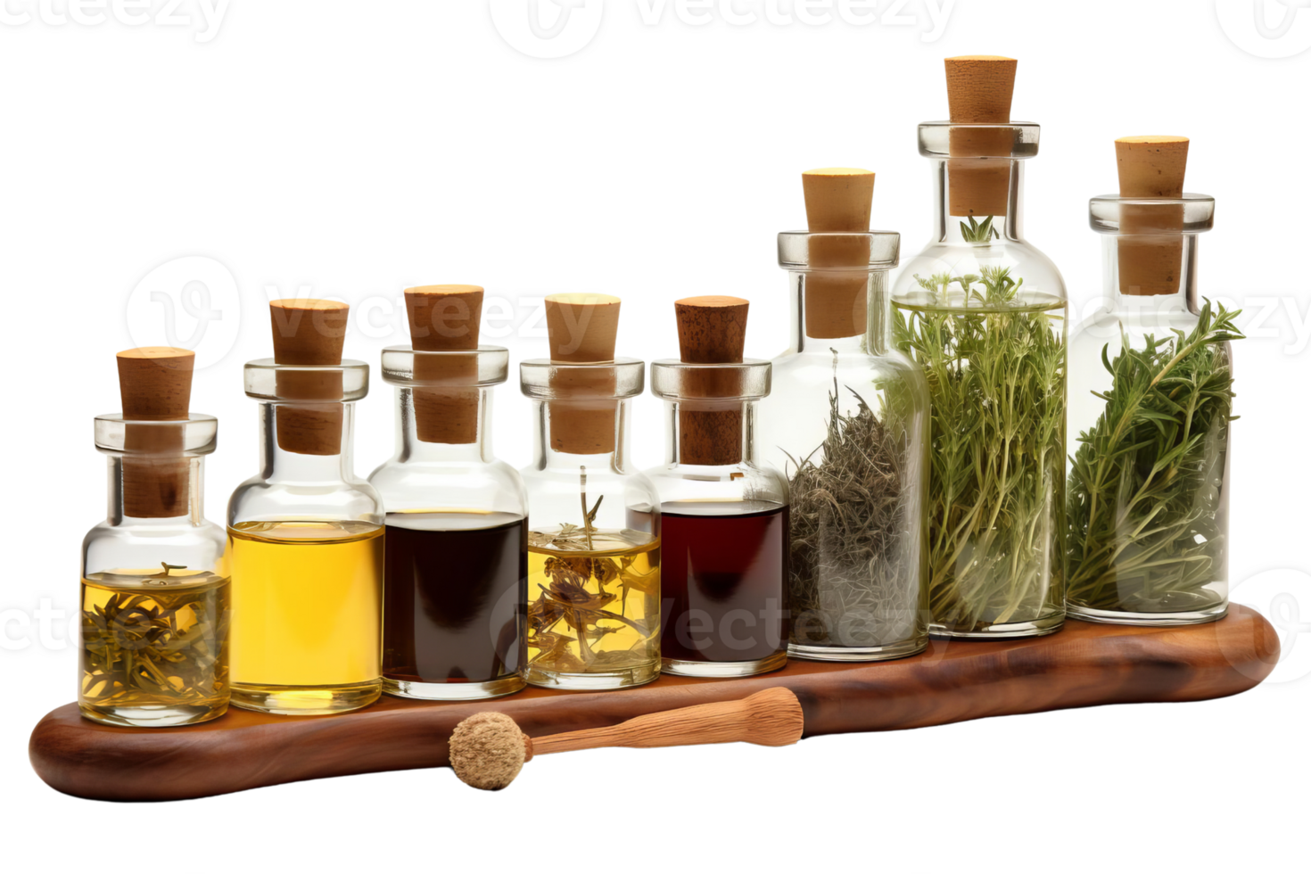 A wooden tray with many glass bottles of different colors and sizes. The bottles are filled with various herbs and spices png