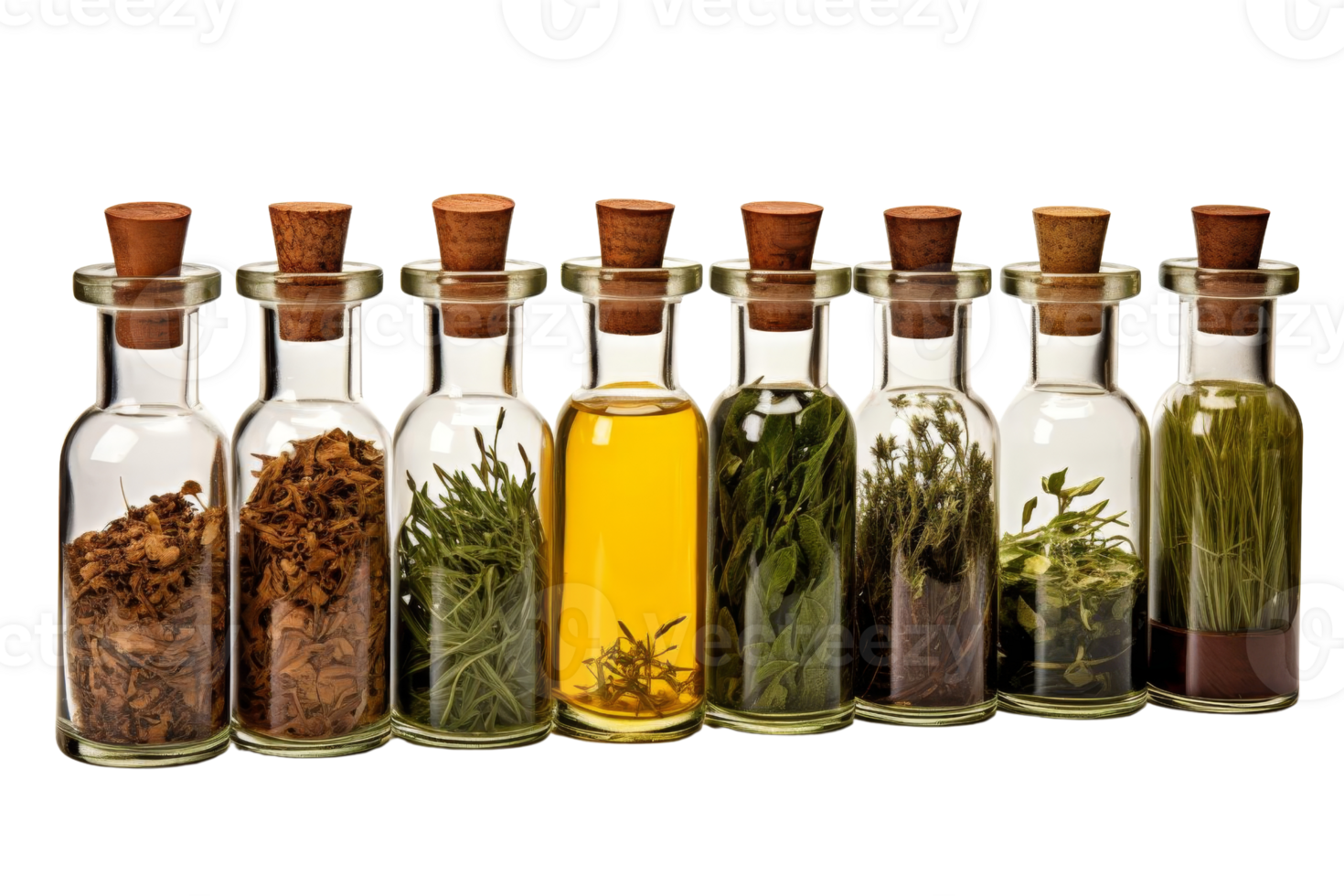 A row of glass bottles with various herbs and spices inside. The bottles are lined up next to each other, creating a visually appealing display png