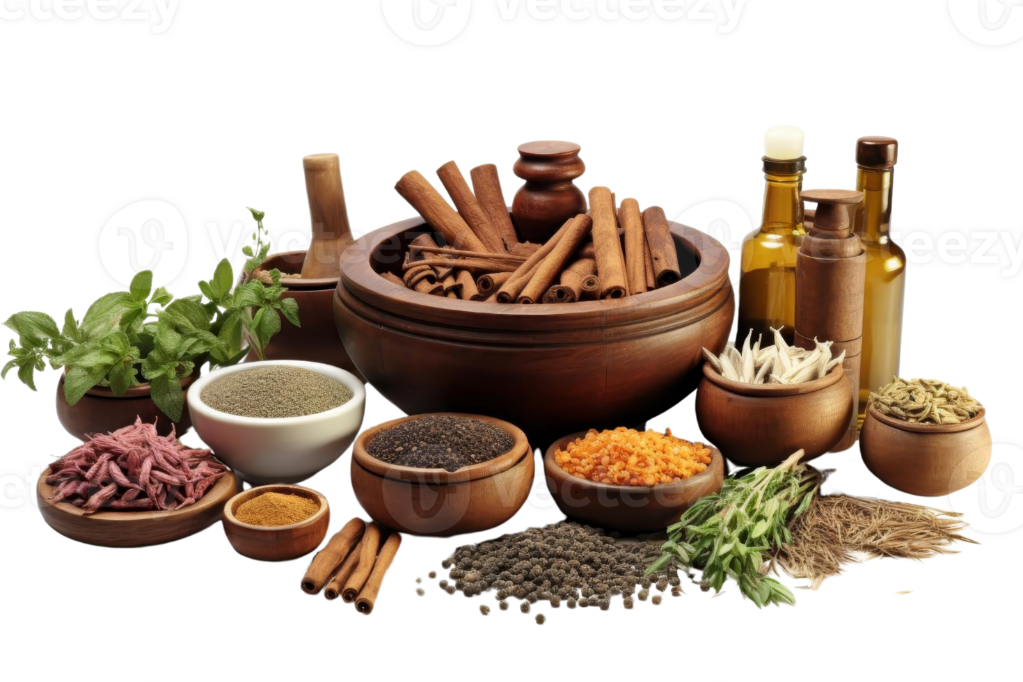 A variety of spices and herbs are displayed in wooden bowls and jars. The spices include cinnamon, cumin, and parsley. The jars and bowls are arranged in a way that creates a visually appealing png