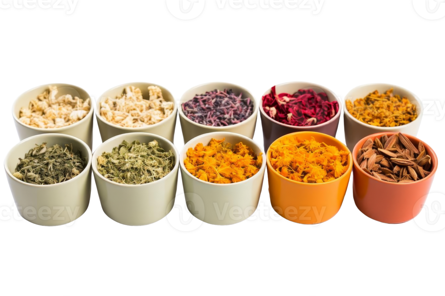 A row of bowls filled with various spices and herbs. The bowls are arranged in a line, with some being larger than others png