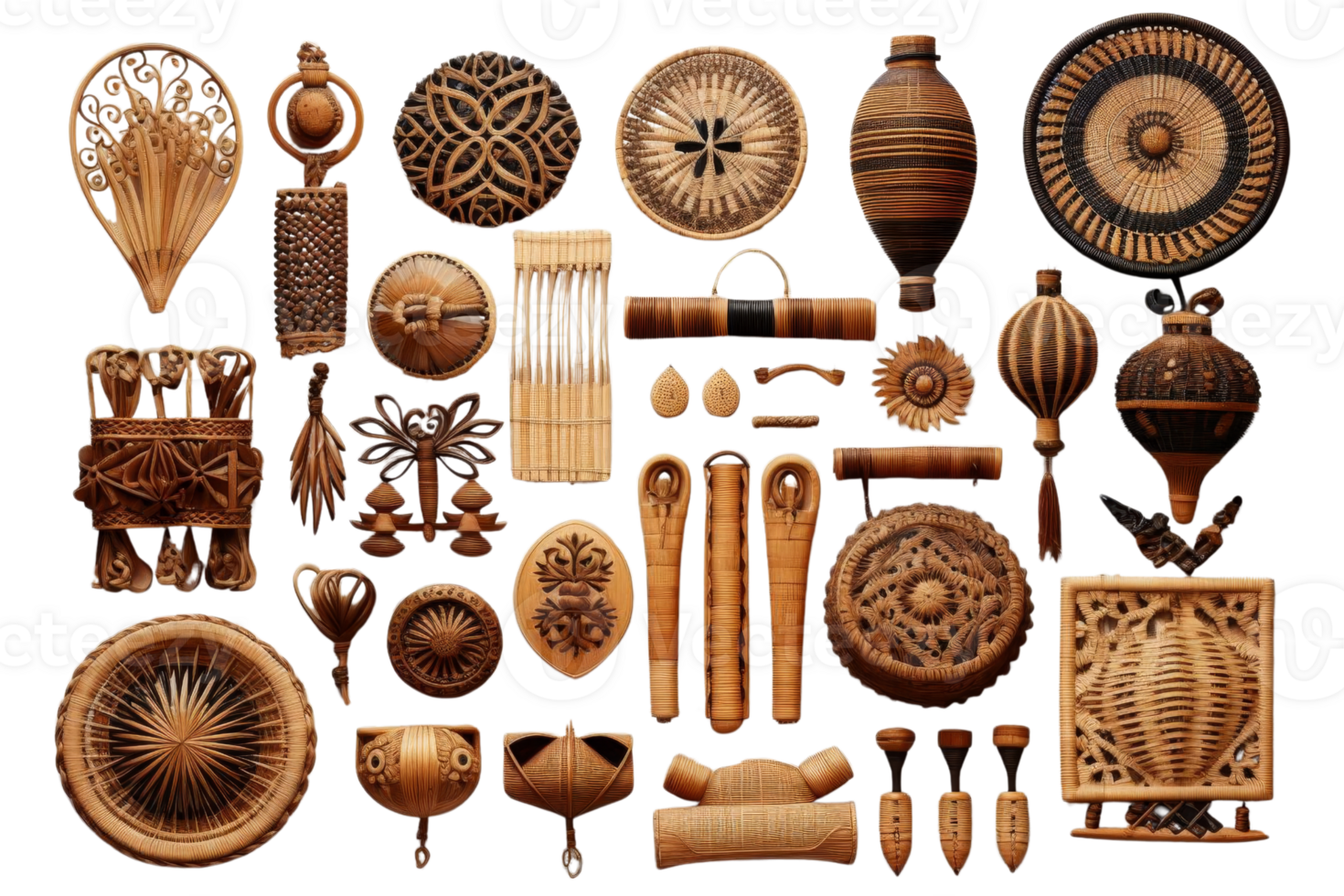 A collection of wooden items with various shapes and sizes. The items are arranged in a way that they seem to be hanging from a wall. Scene is that of a display of unique and interesting objects png