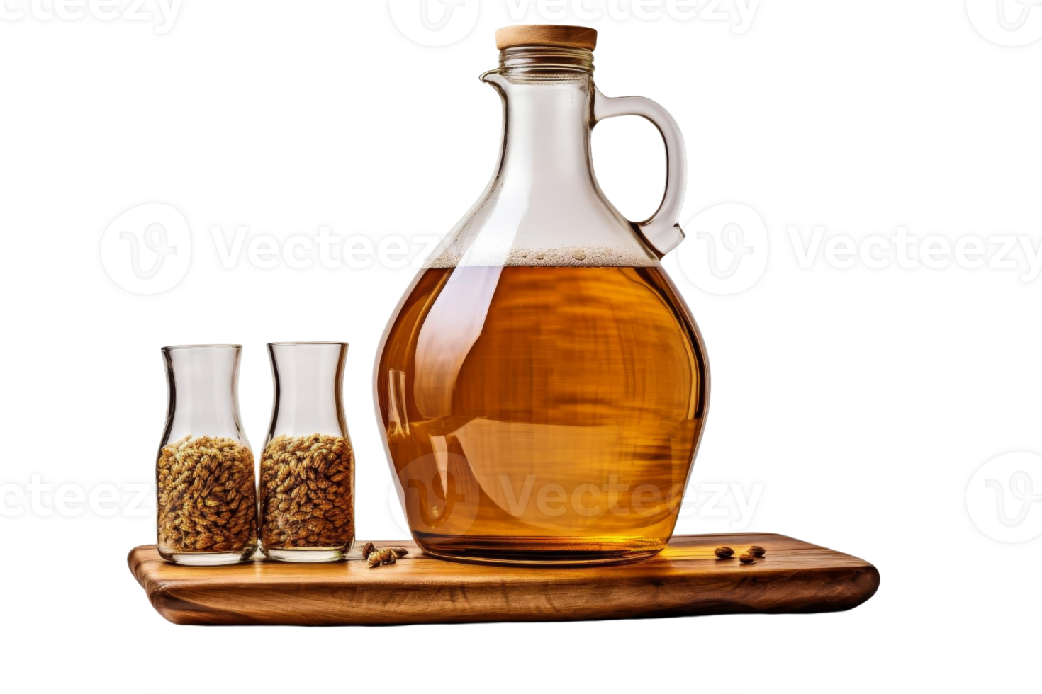 A glass jar of alcohol sits on a wooden board with two small glasses of alcohol next to it png