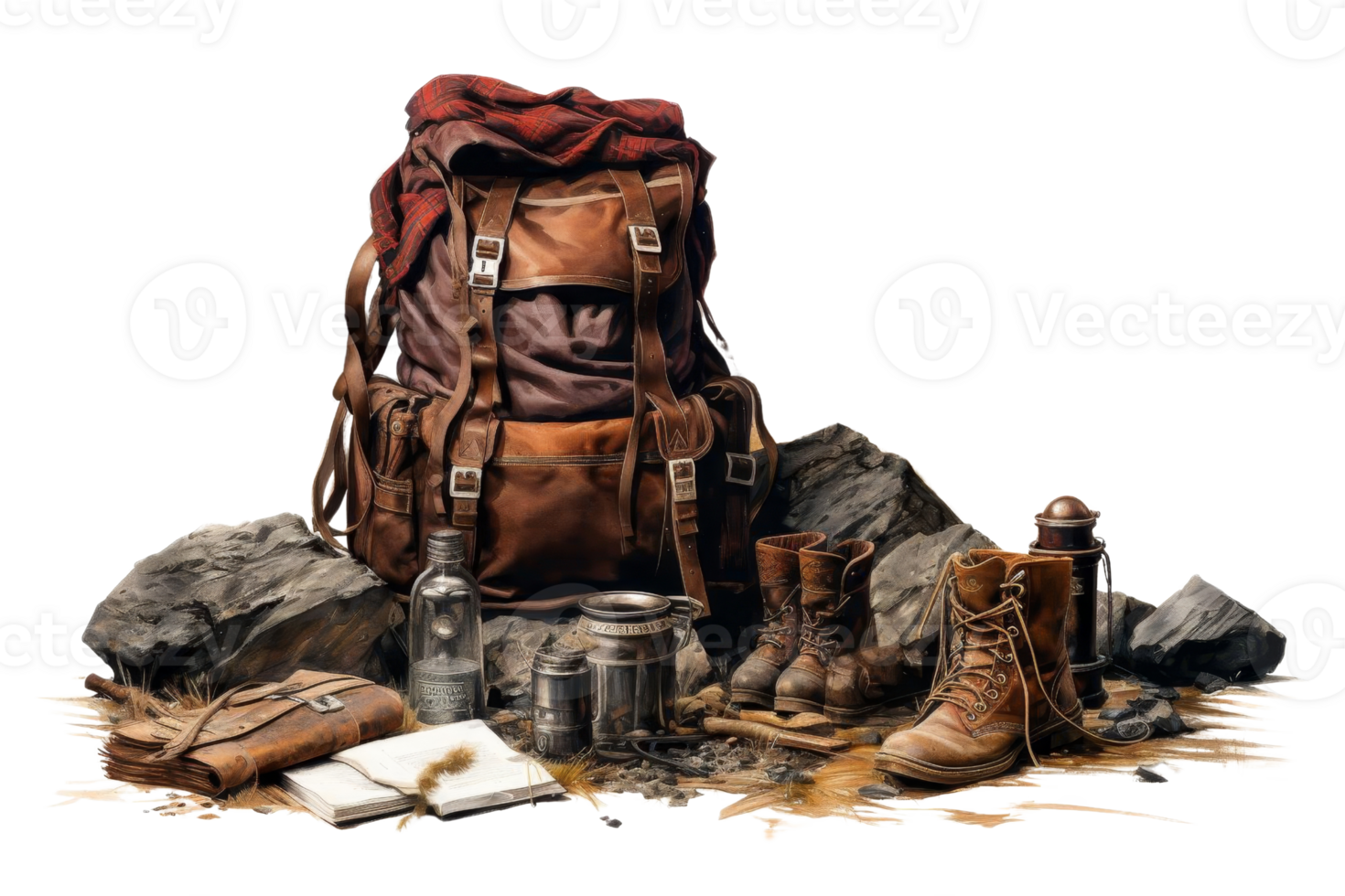 A backpack with a red blanket on top of it. The backpack is full of camping gear including a bottle, a book, a cup, a spoon, and a pair of boots png