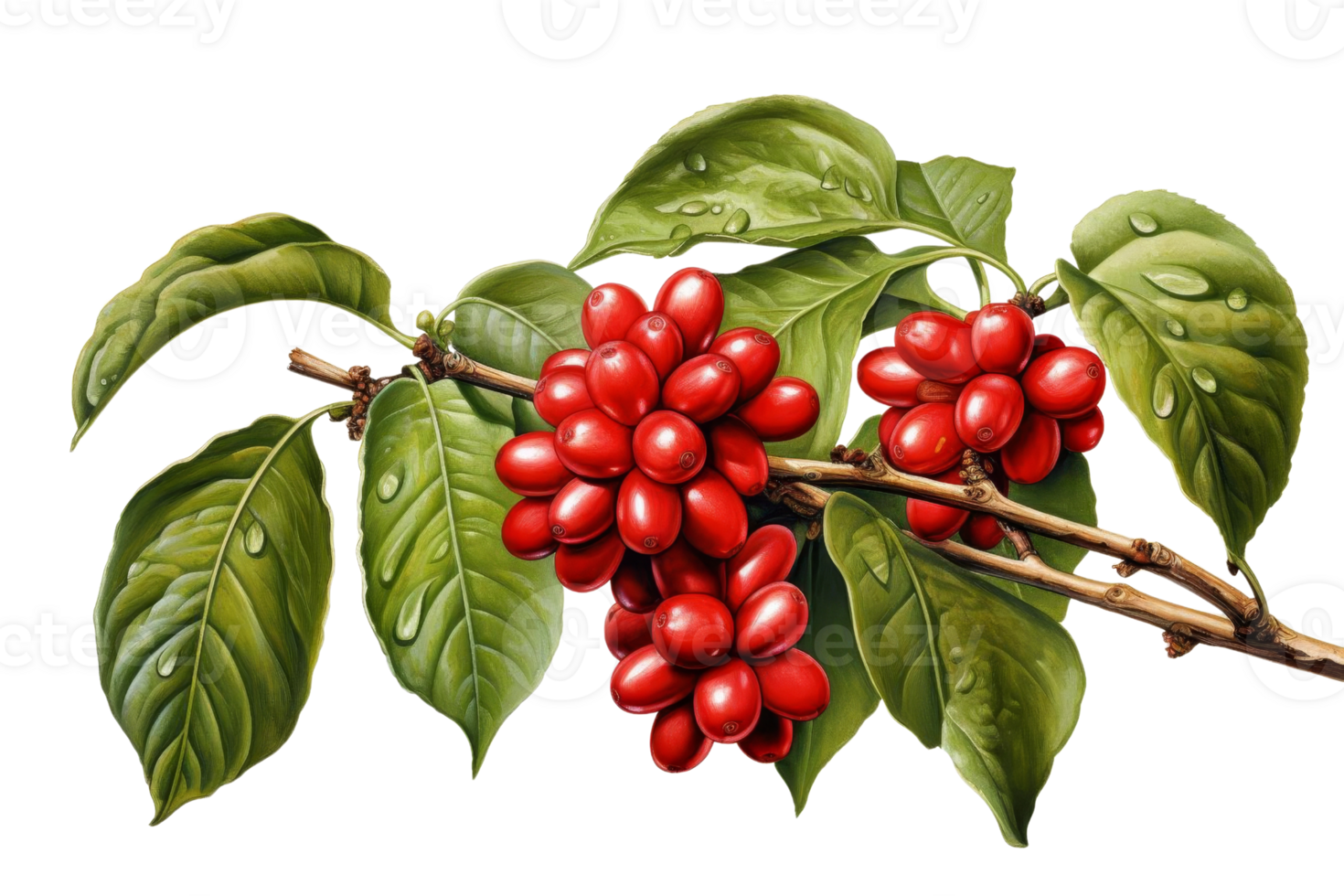 A branch with red berries on it. The berries are small and round. The branch is green and has some water droplets on it png
