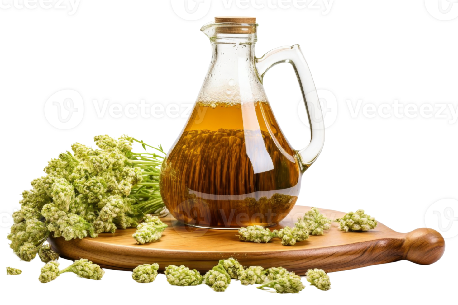 A glass jar of oil sits on a wooden cutting board with some herbs and flowers. Concept of abundance and natural beauty png