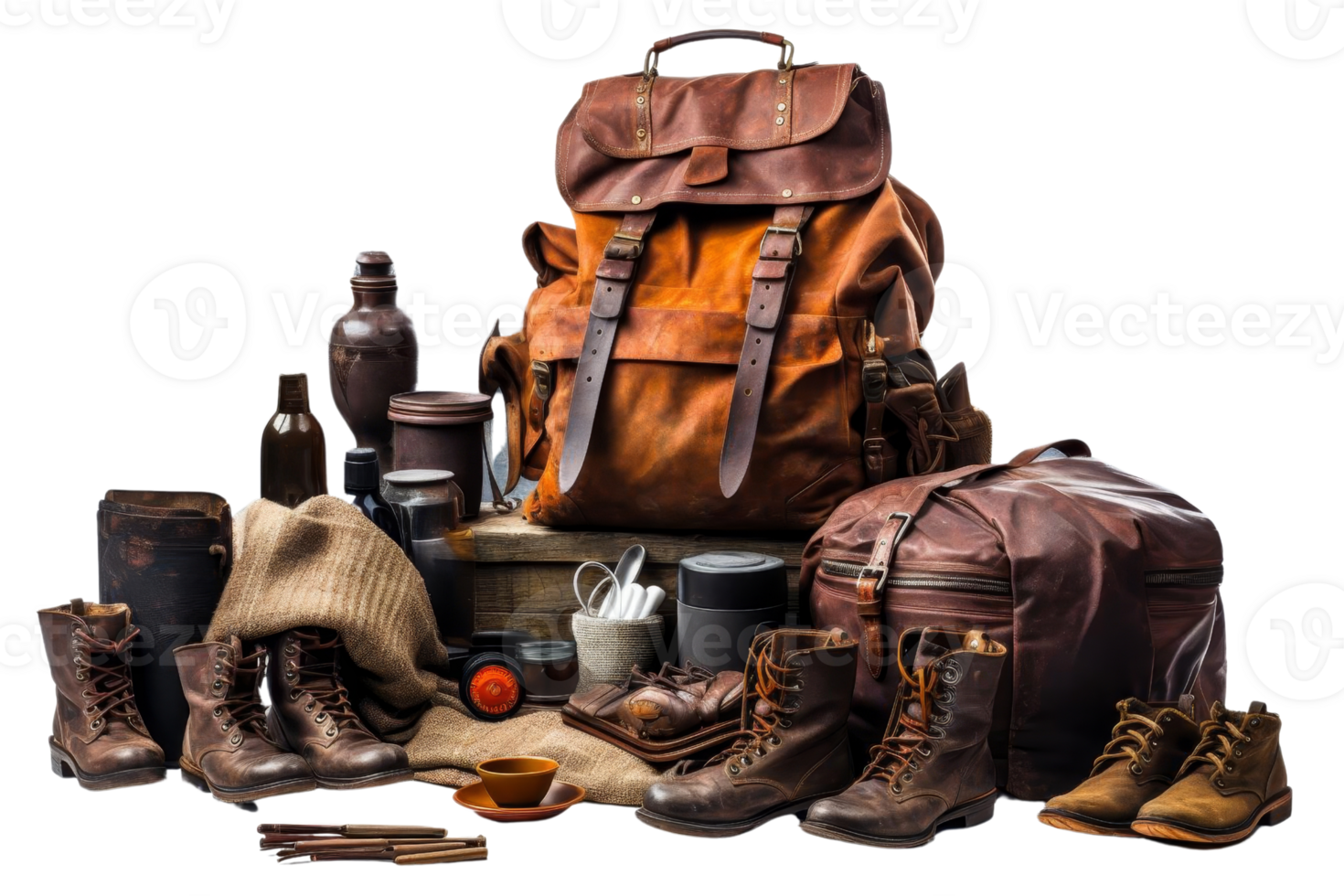 A collection of leather goods and accessories, including a brown backpack, a pair of boots, and a bottle png
