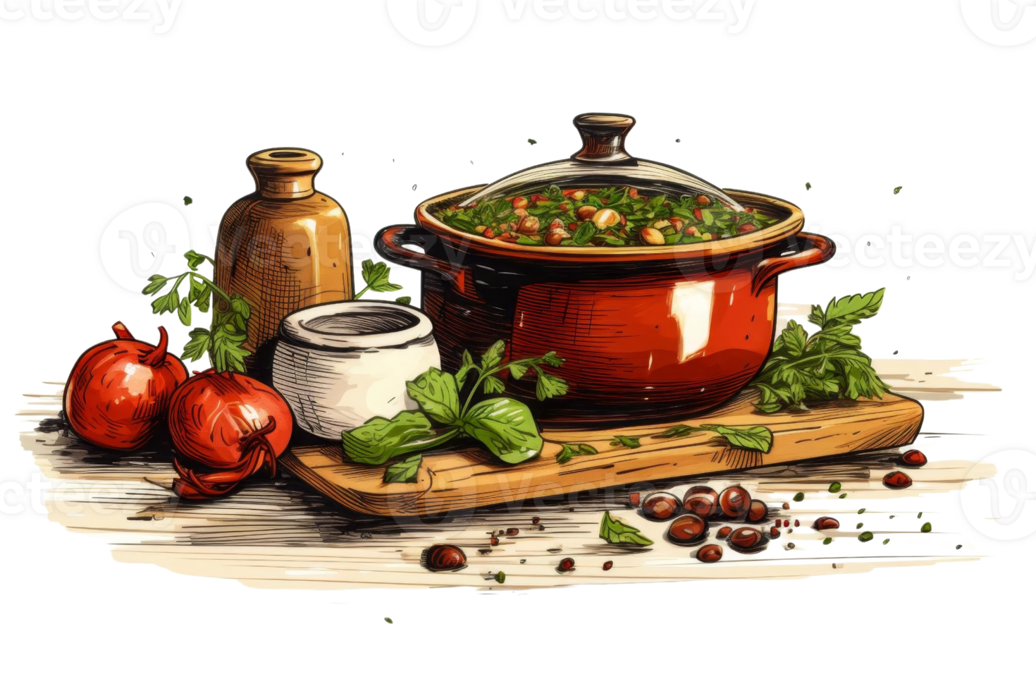 A red pot with a lid and a wooden board with vegetables and herbs on it. The vegetables include tomatoes, onions, and basil png