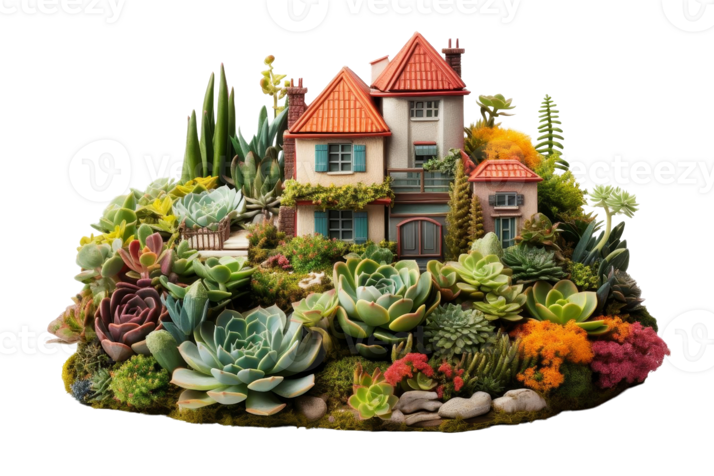 A house is surrounded by a garden of plants, including cacti and succulents. The garden is full of life and color, creating a peaceful and serene atmosphere png