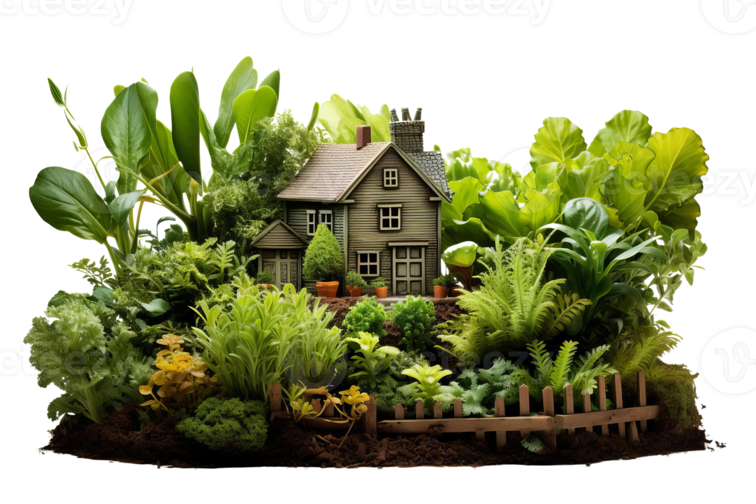 A house is surrounded by a lush green garden. The house is small and has a wooden fence around it. The garden is full of various plants and flowers, creating a peaceful and serene atmosphere png