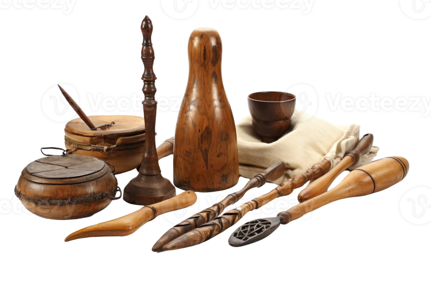 A collection of wooden items including spoons, bowls, and a vase. Scene is rustic and nostalgic png