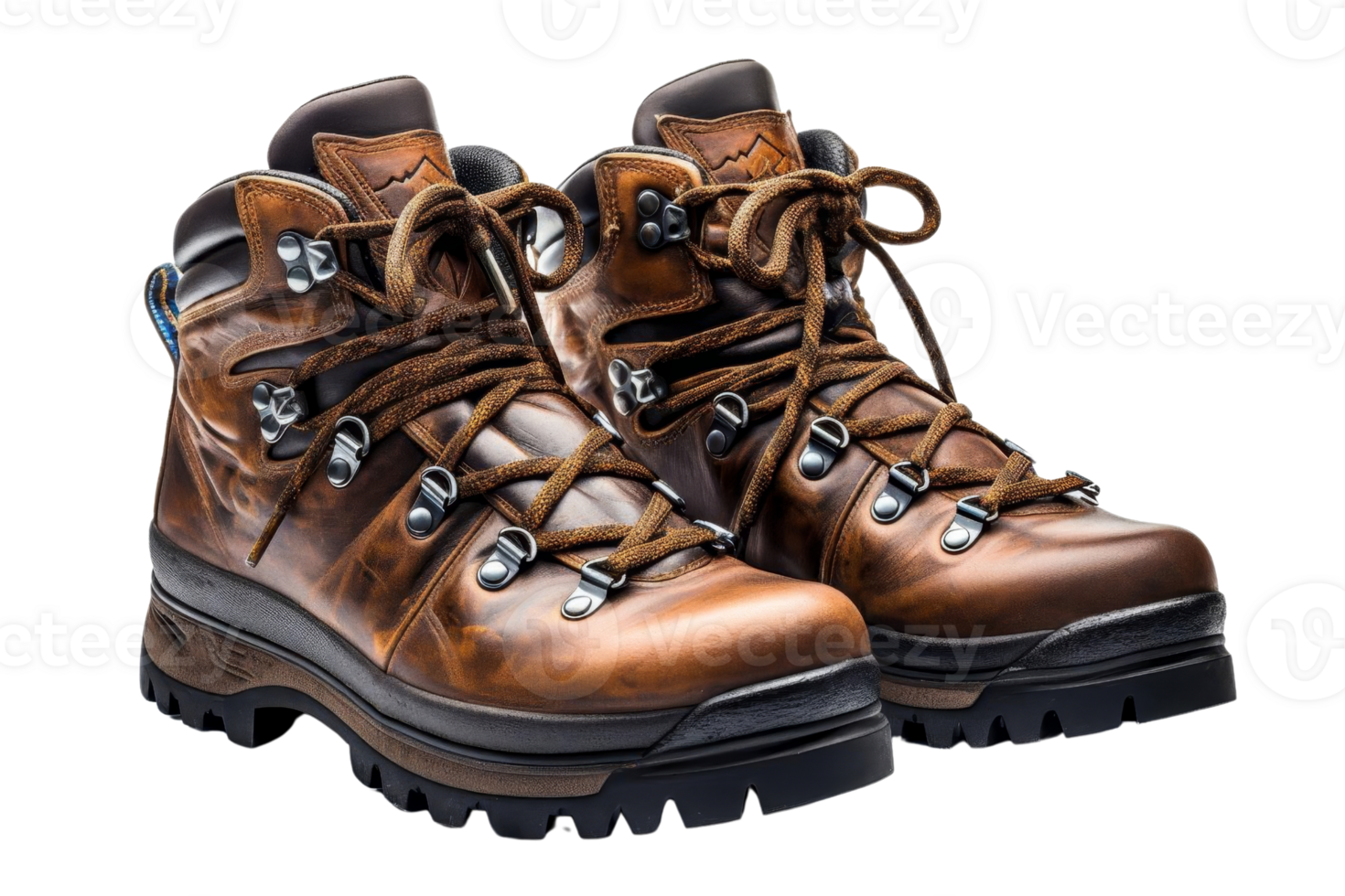Two brown hiking boots with laces. The boots are made of leather and have a rugged appearance png