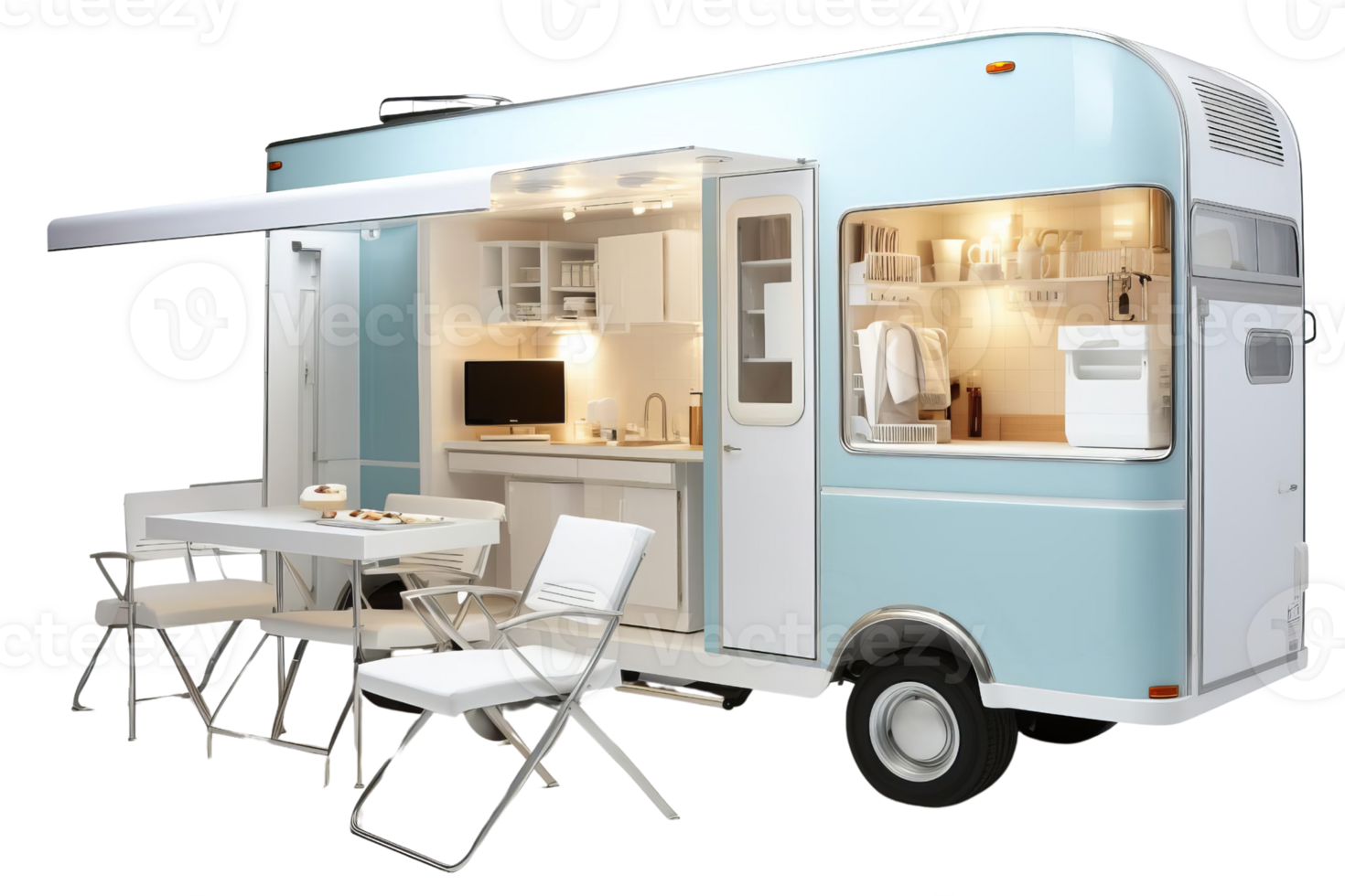 A blue and white trailer with a table and chairs outside. The trailer has a kitchen and a bathroom png