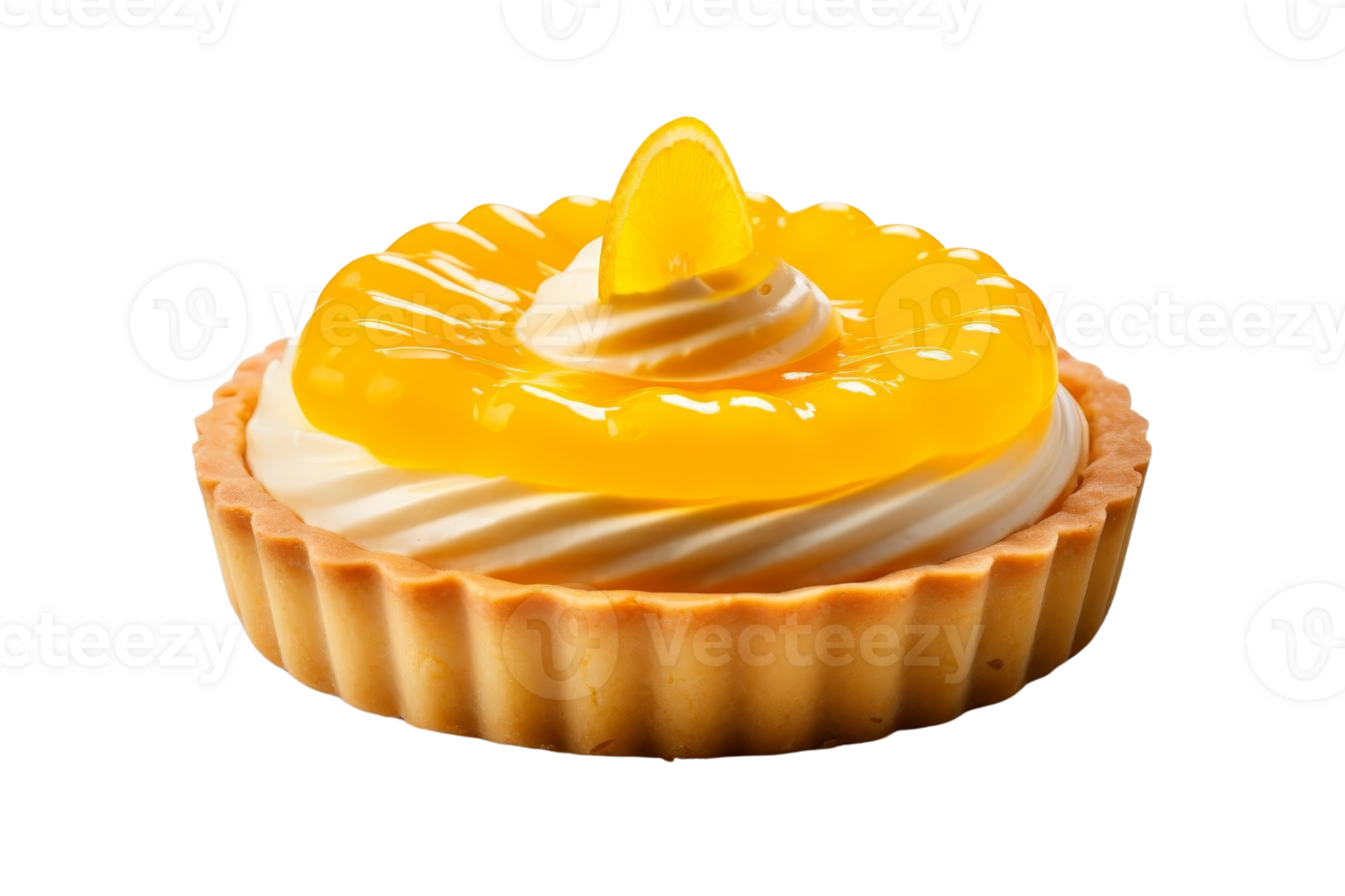 A small yellow cake with a white frosting and a slice of orange on top png