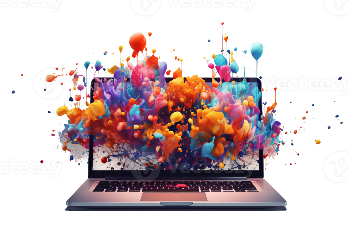 A colorful, abstract painting is displayed on a laptop screen. The painting is full of bright colors and has a sense of movement and energy. The laptop is open to the painting png