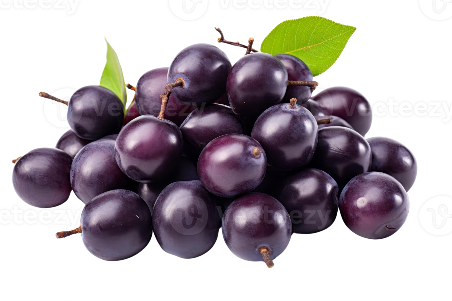A bunch of purple grapes with green leaves on top. The grapes are small and round, and they are piled on top of each other. The image has a fresh and healthy vibe png