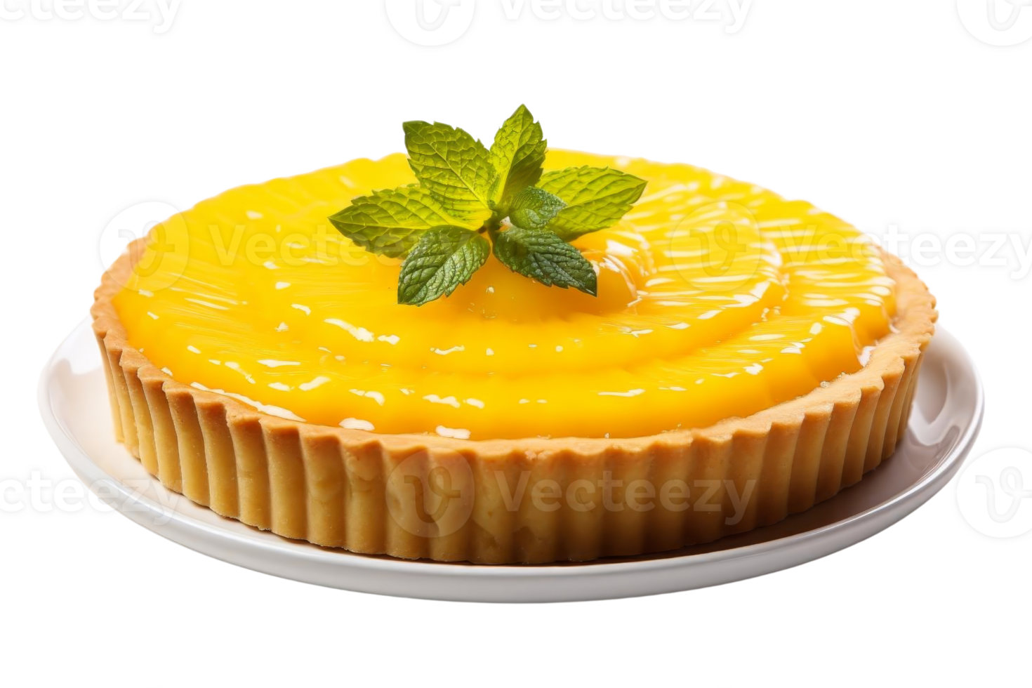 A yellow cake with a green leaf on top. The cake is sitting on a white plate. The cake is delicious and looks very appetizing png