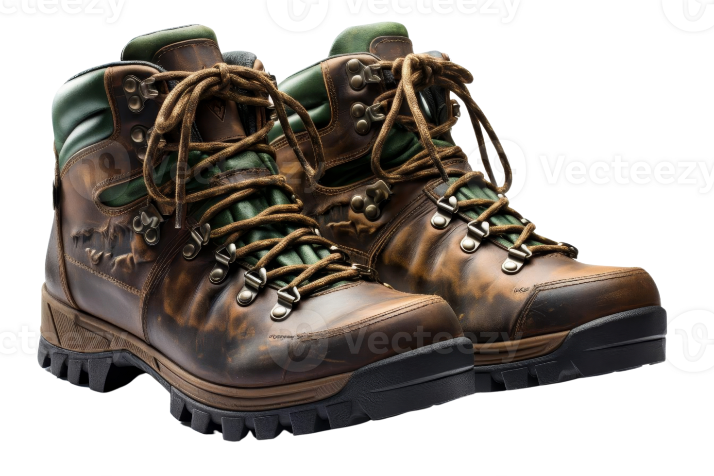 Two brown and green hiking boots with laces. The boots are made of leather and have a sturdy sole png