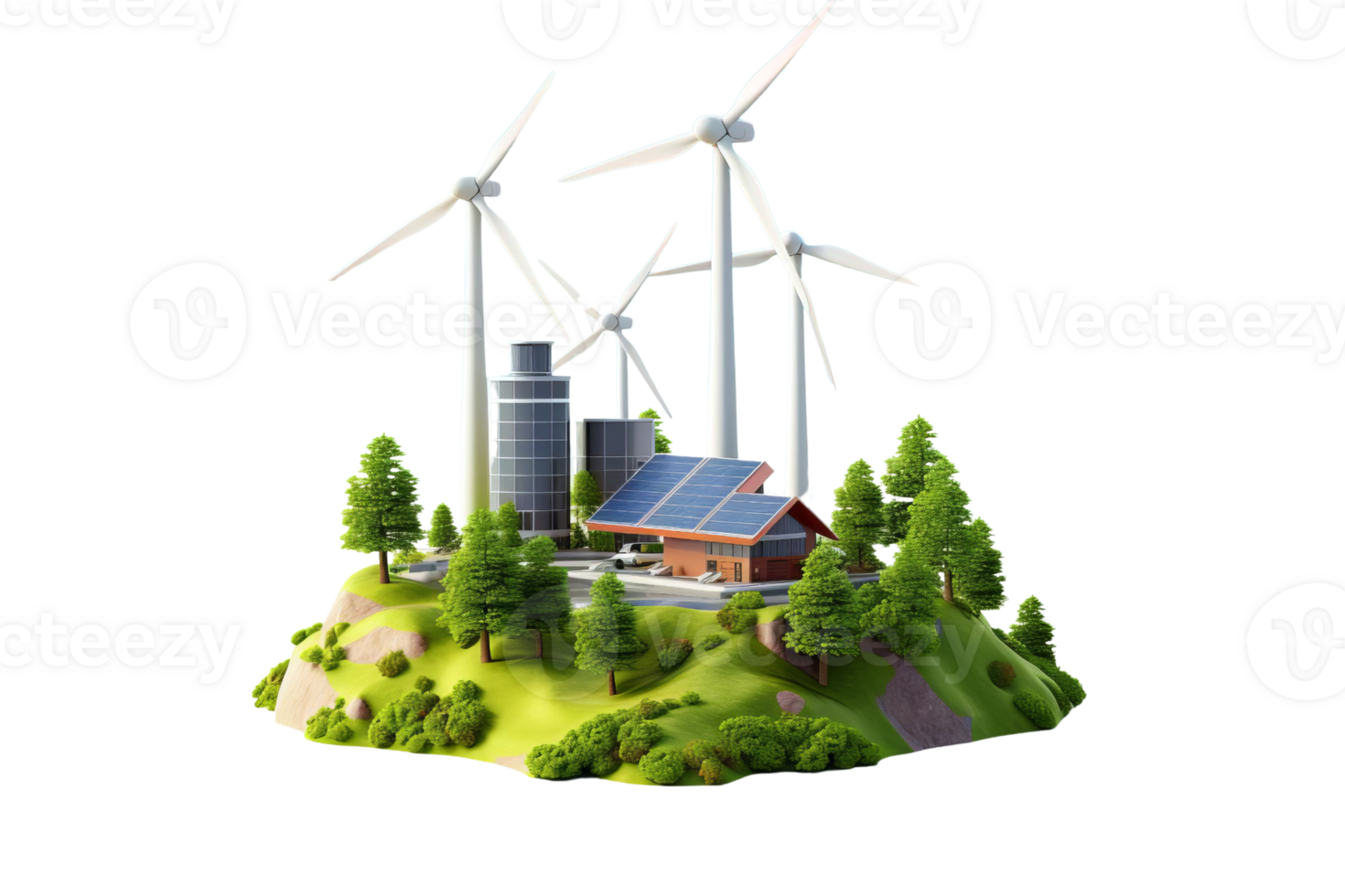 A wind farm with a house and a few trees. The wind farm is surrounded by a green hill png