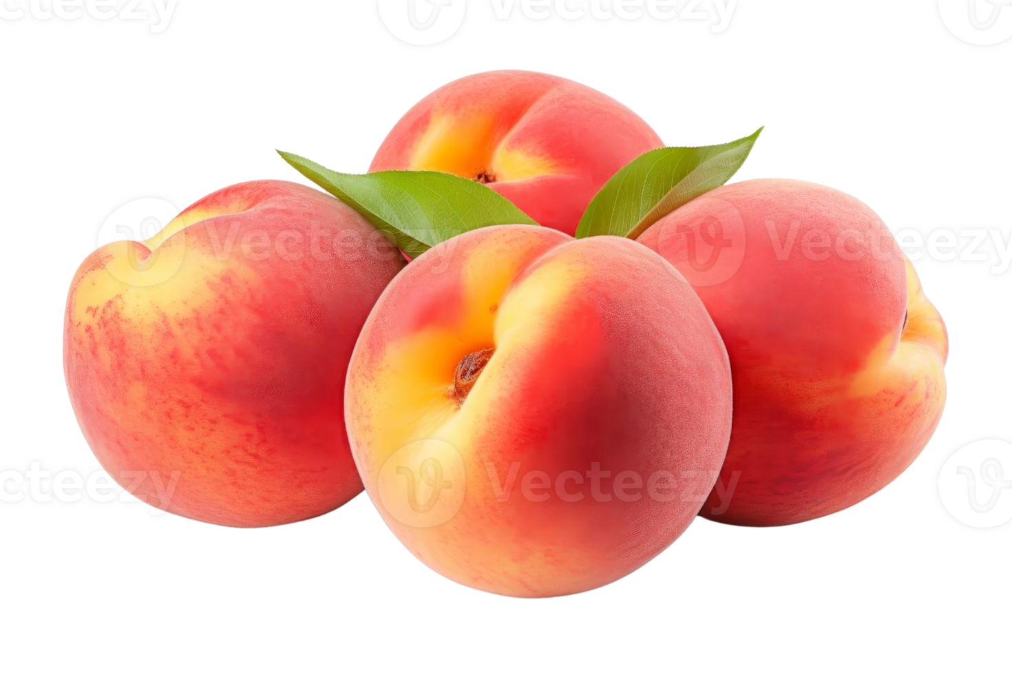 Four ripe peaches with green leaves on top. The peaches are red and yellow. They are arranged in a pyramid shape png