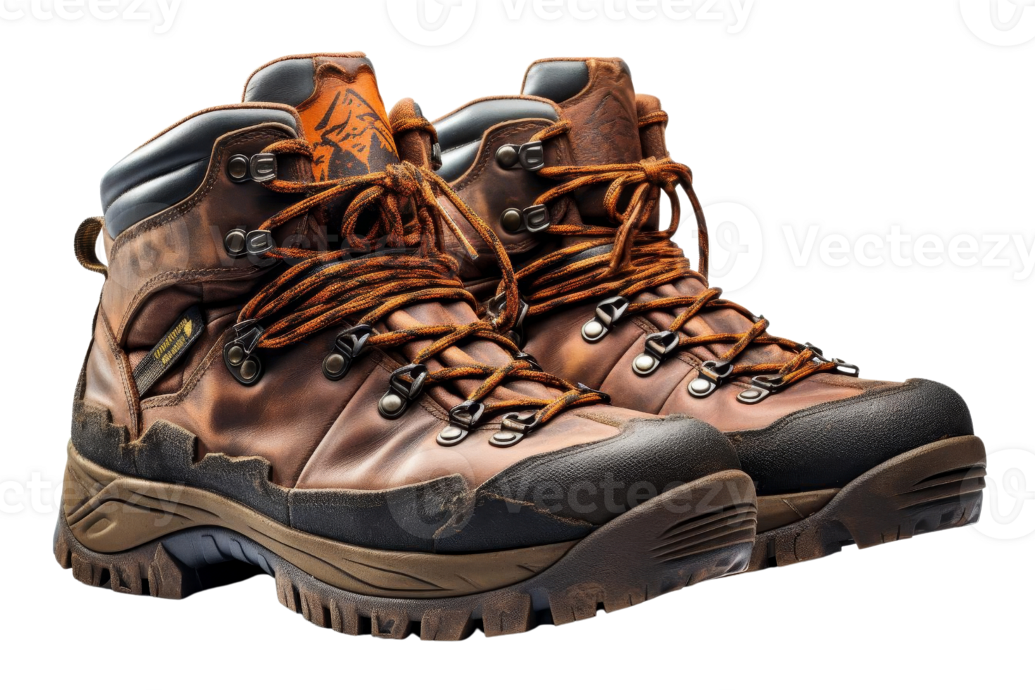 Two brown hiking boots with orange laces. The boots are worn and dirty, suggesting that they have been used for outdoor activities png