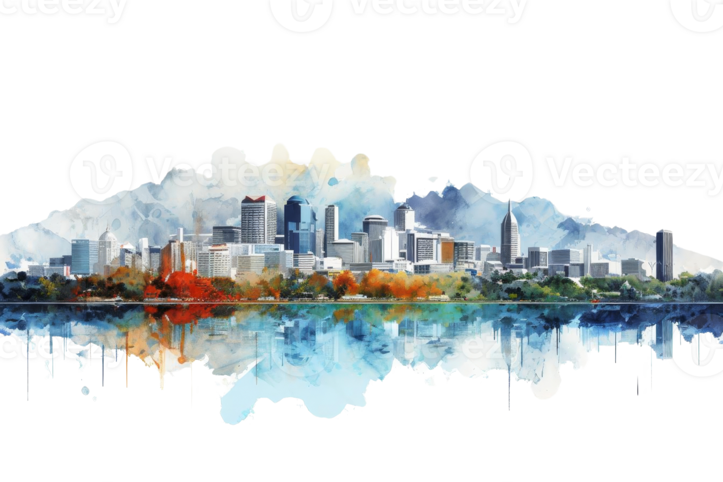 A city skyline with a large body of water in the background. The water is reflecting the city and the mountains in the distance. The sky is blue and the mountains are covered in snow png