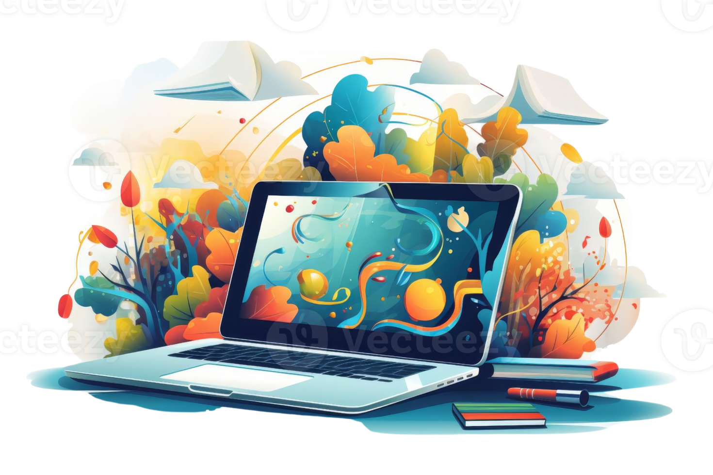 A laptop is on a table with a colorful background of trees and leaves. The laptop screen is displaying a colorful and vibrant scene, which could be a representation of creativity or inspiration png