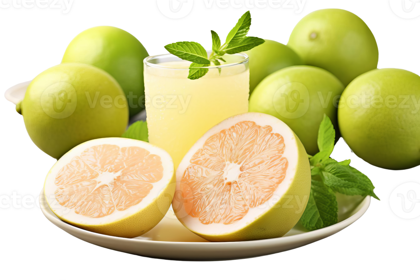 A plate of fruit with a glass of juice and a sprig of mint png