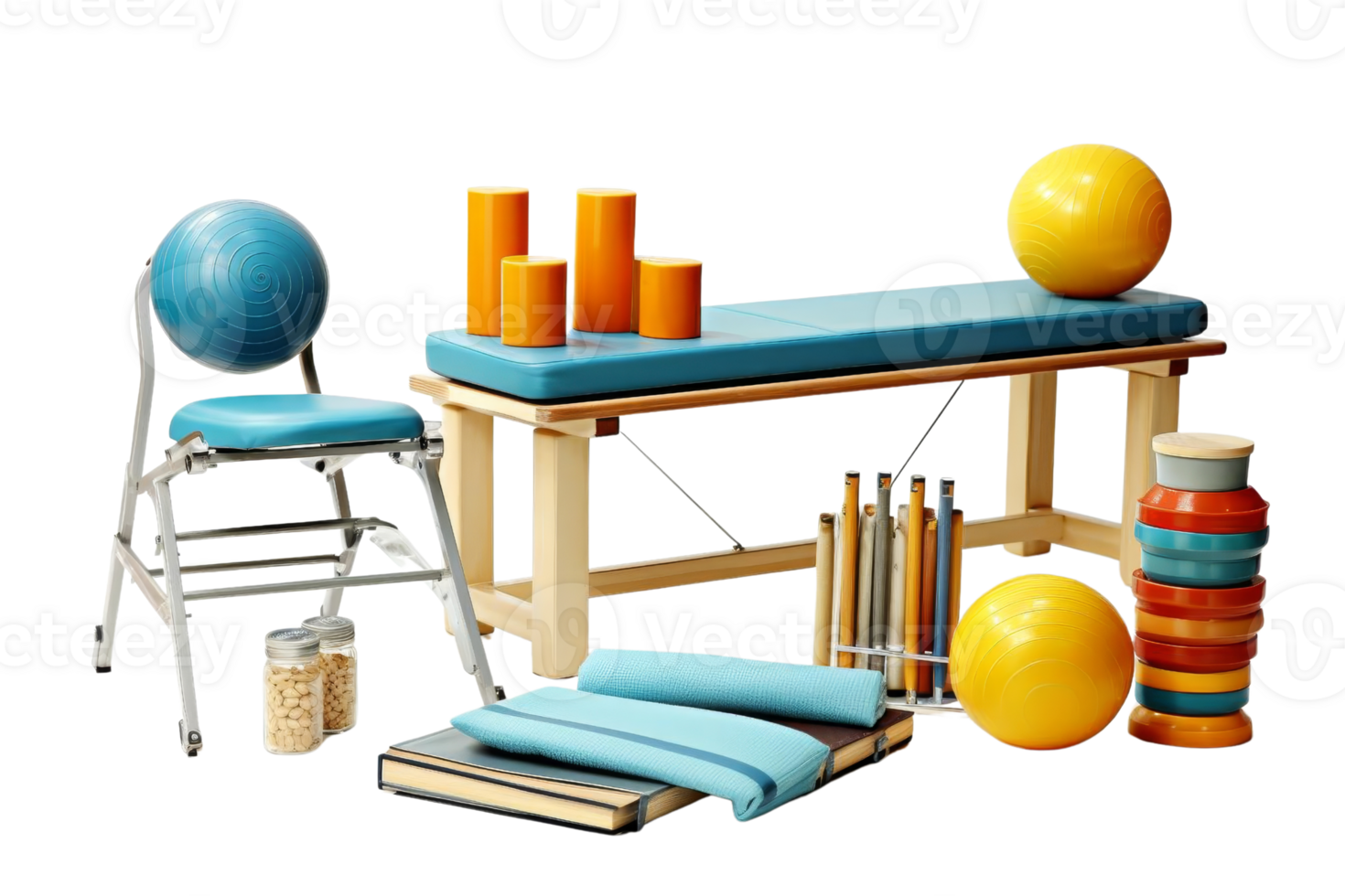 A blue and yellow exercise table with a chair and a ball. The table is full of exercise equipment and balls png