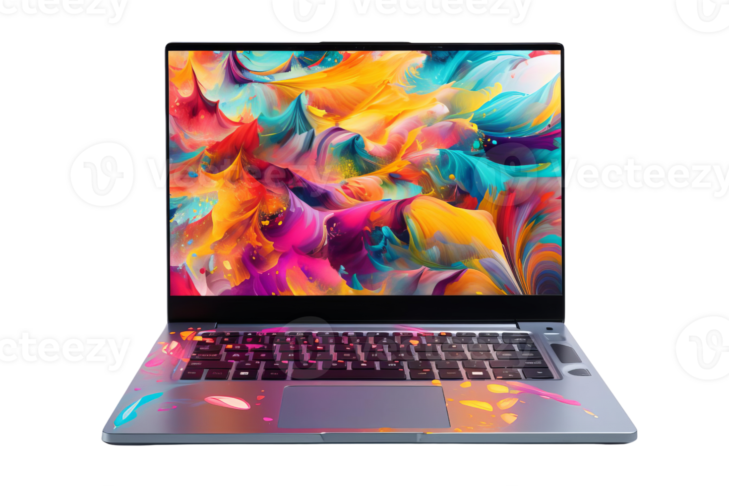 A colorful laptop with a rainbow background. The laptop is open and the screen is lit up png