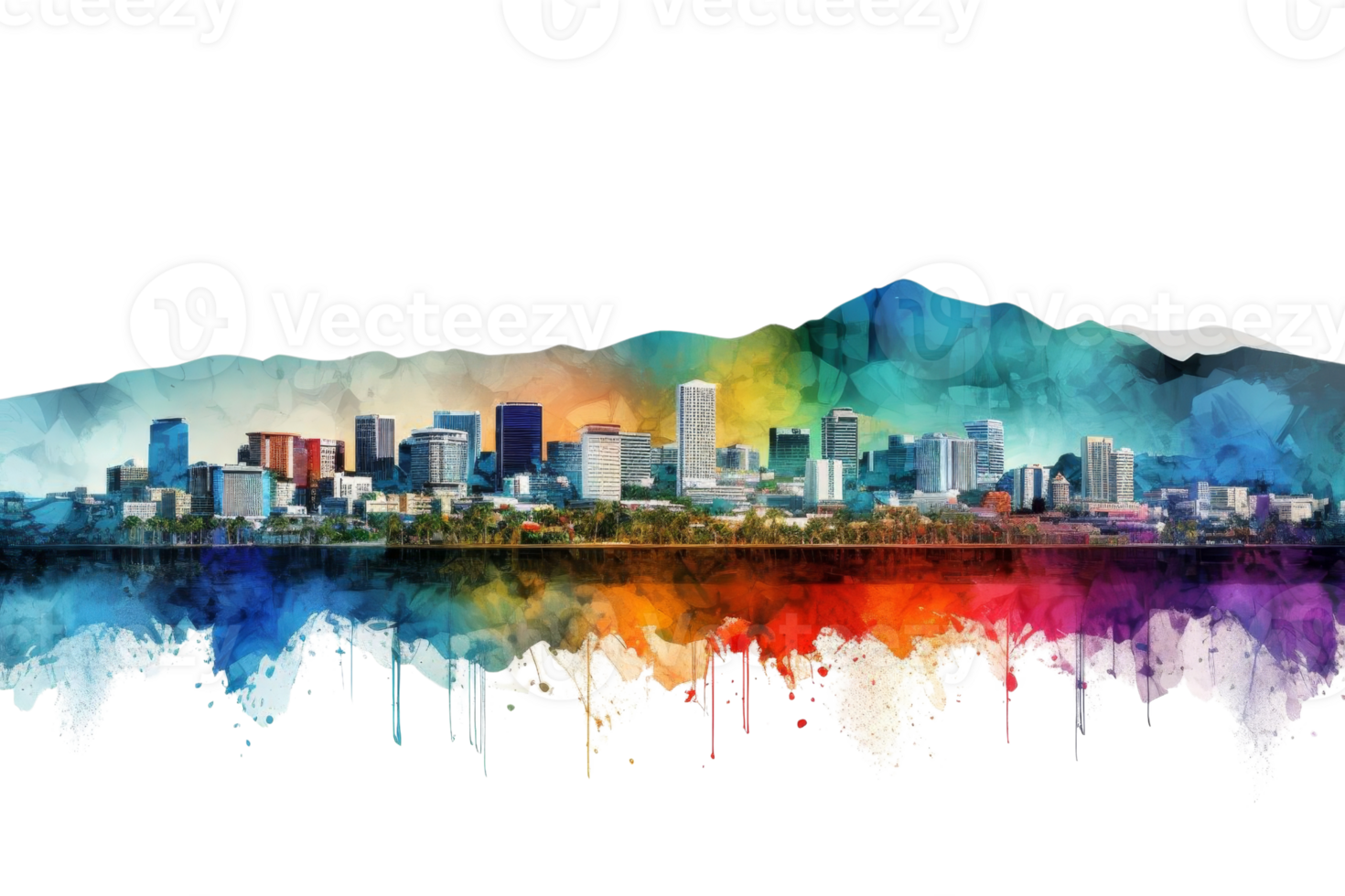 A city skyline with a mountain in the background. The city is colorful and vibrant. The sky is filled with different shades of blue, green, and purple. The buildings are tall and spread out png