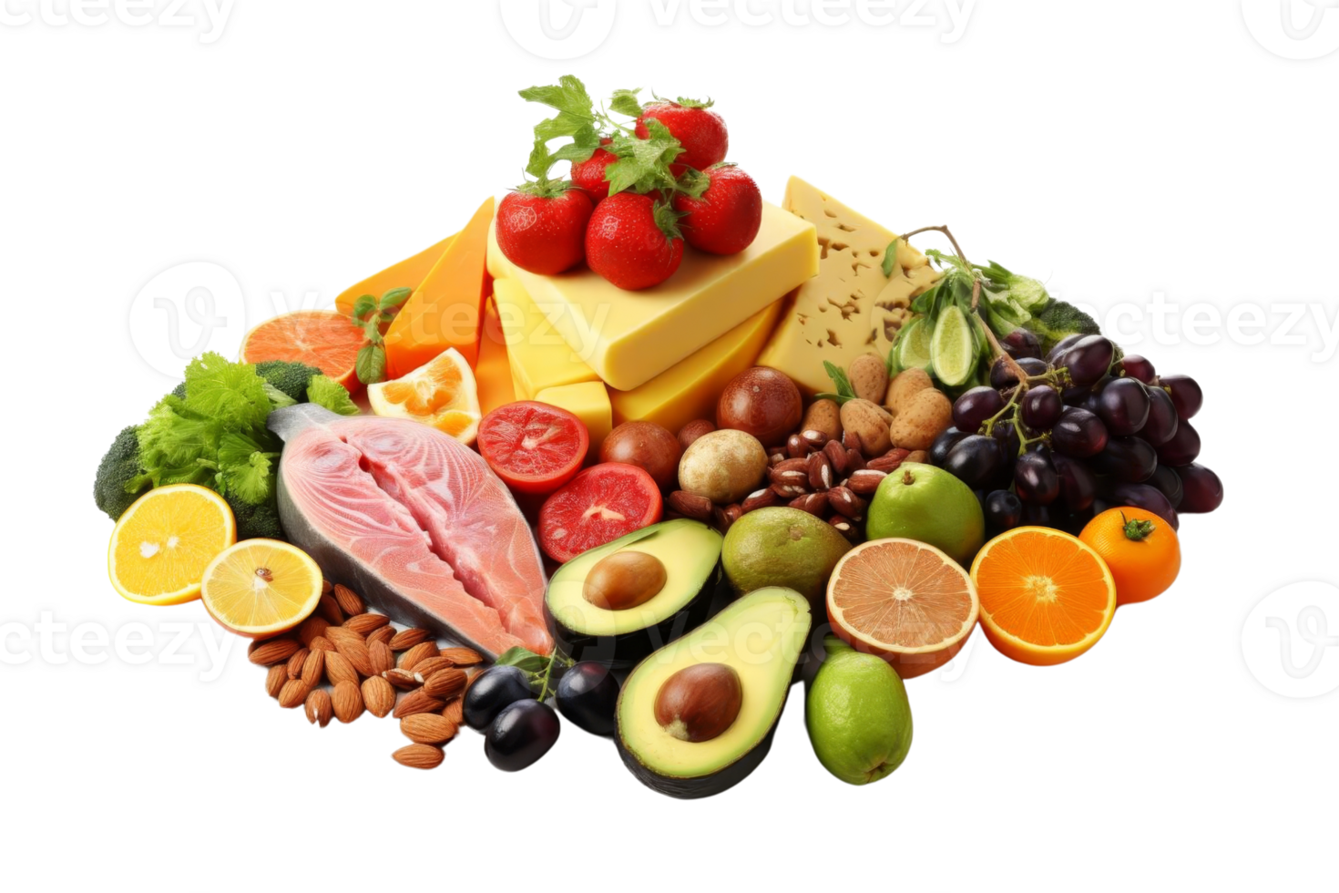 A colorful assortment of fruits and vegetables, including avocados, oranges, and tomatoes. Concept of abundance and health, as it showcases a variety of fresh produce png