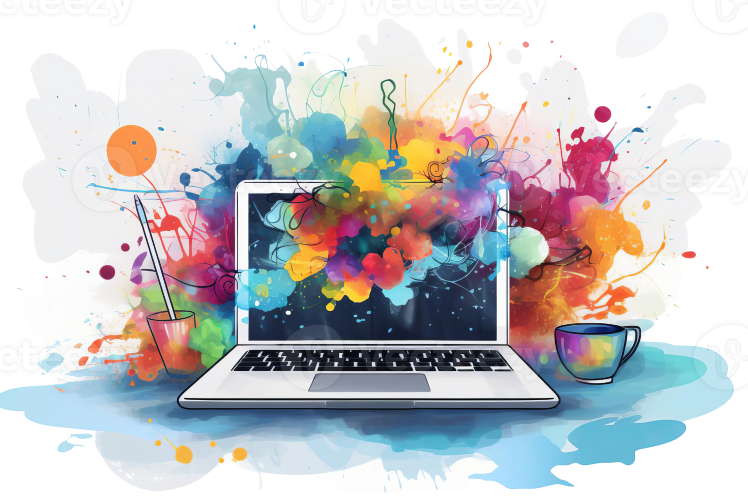 A colorful laptop with a cup of coffee next to it. The laptop is open to a blank page, and the coffee cup is filled with a colorful drink. Concept of creativity and productivity, as the laptop png