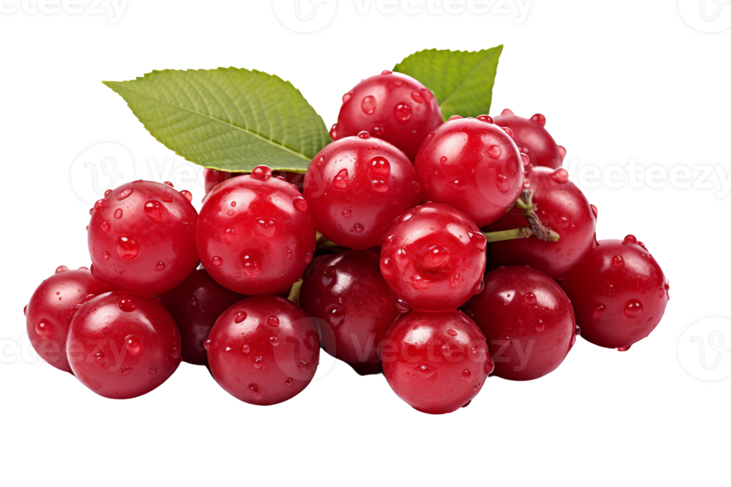 A bunch of red cherries with green leaves on top. The cherries are shiny and wet png