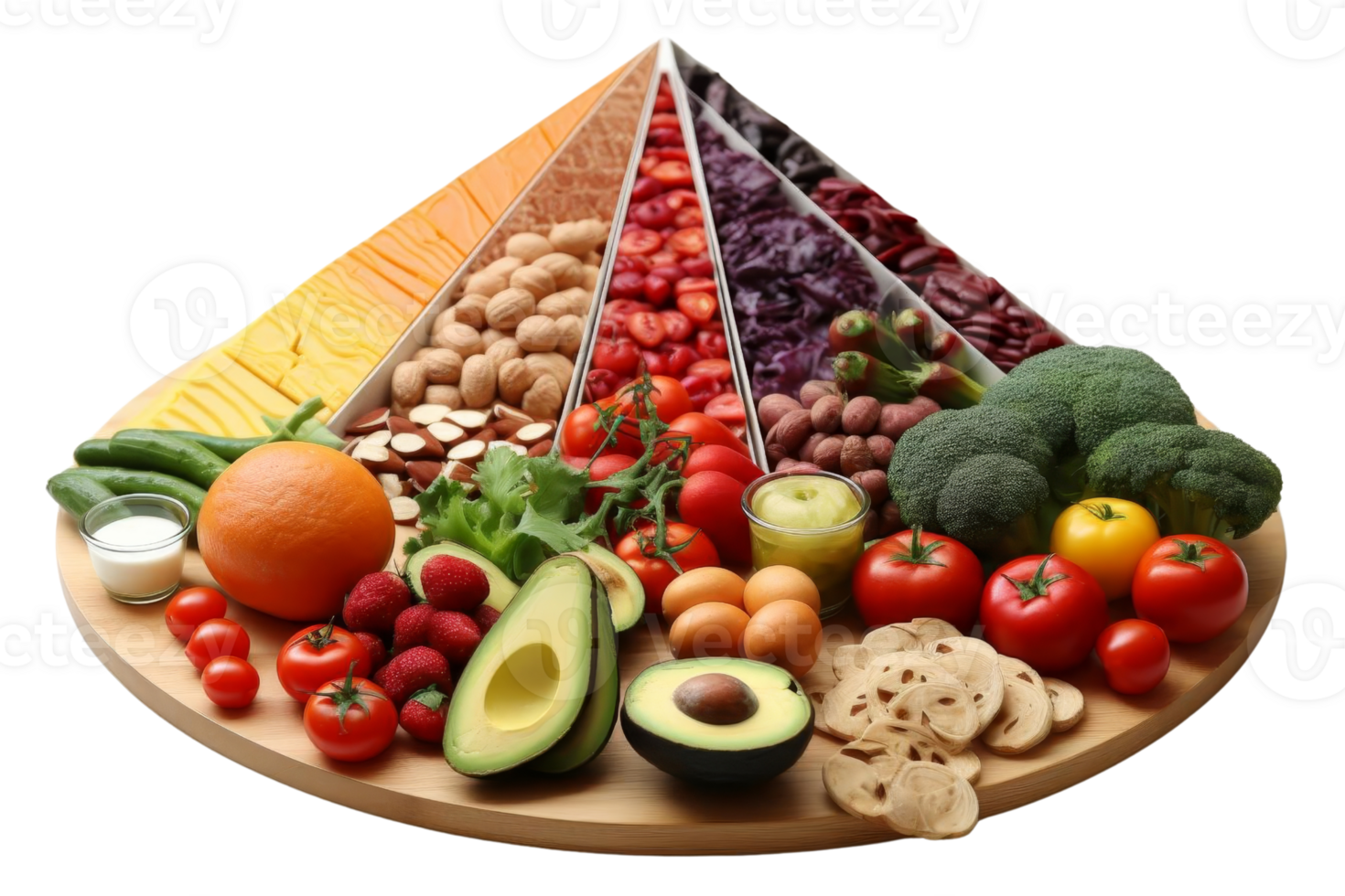 A colorful assortment of fruits and vegetables are displayed on a wooden board. The variety of produce includes apples, oranges, broccoli, and carrots. Concept of abundance and health png