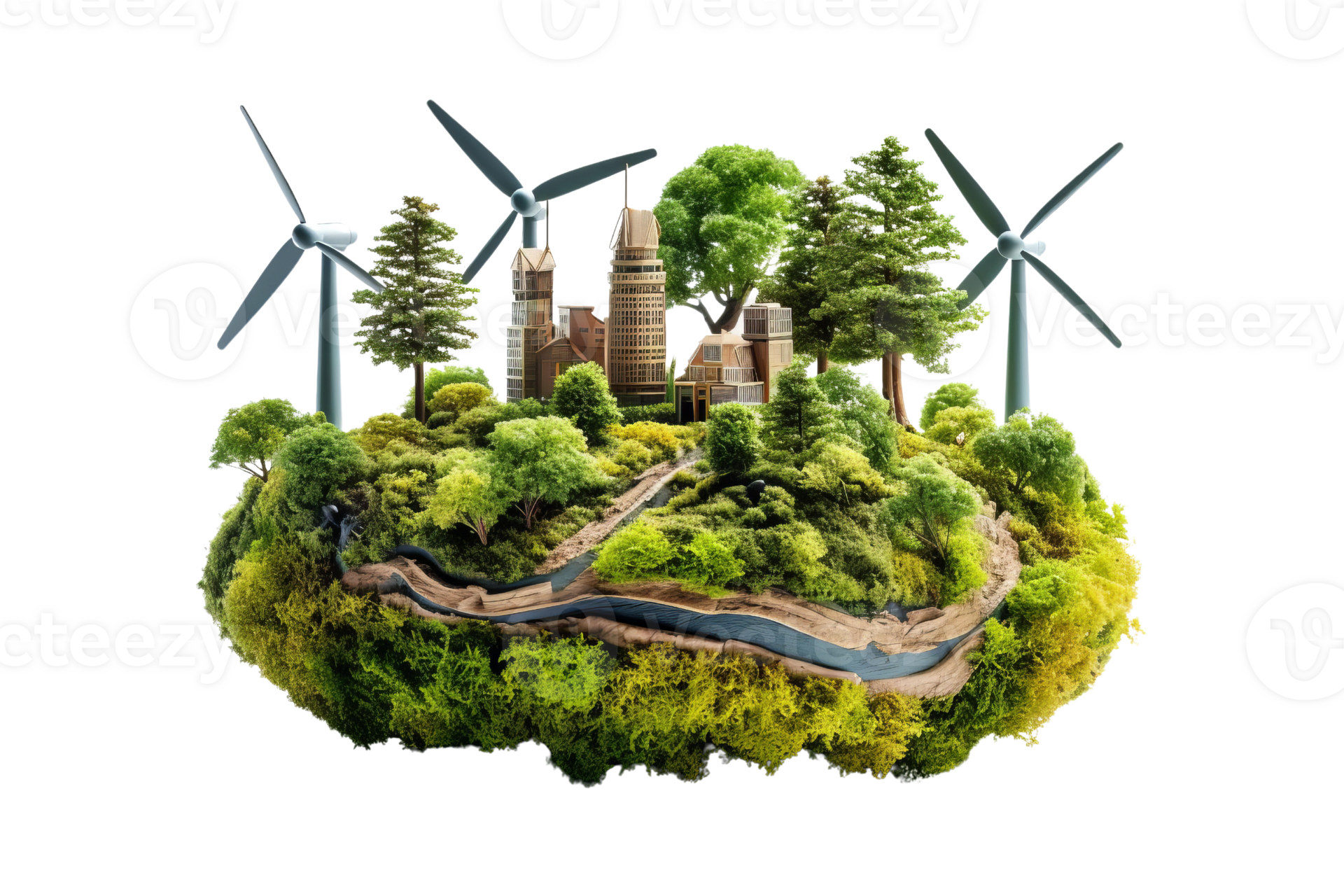 A wind farm is surrounded by trees and a river. The wind farm is a