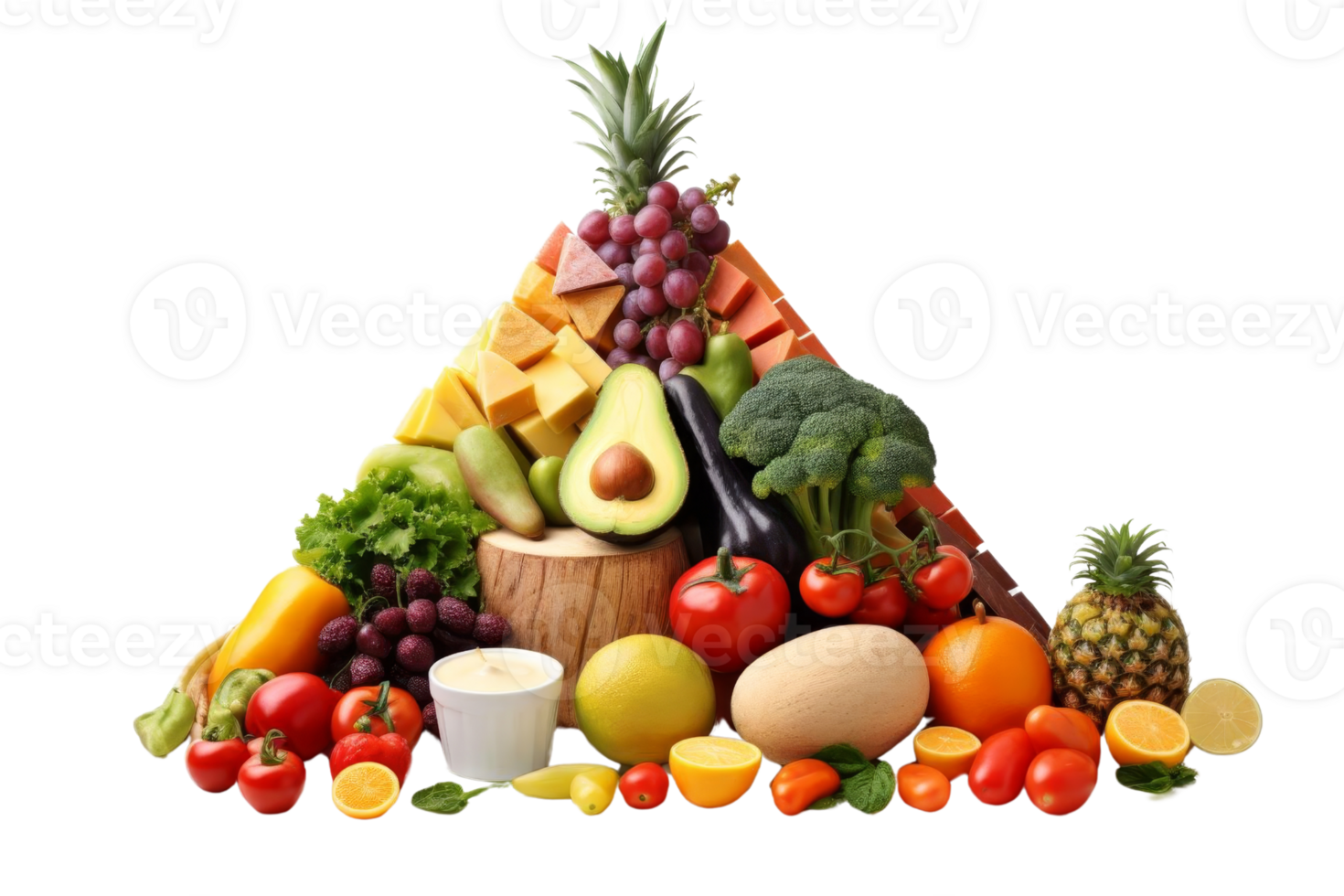 A pyramid of fruits and vegetables, including broccoli, avocados, and oranges. Concept of abundance and health, as it showcases a variety of fresh produce png