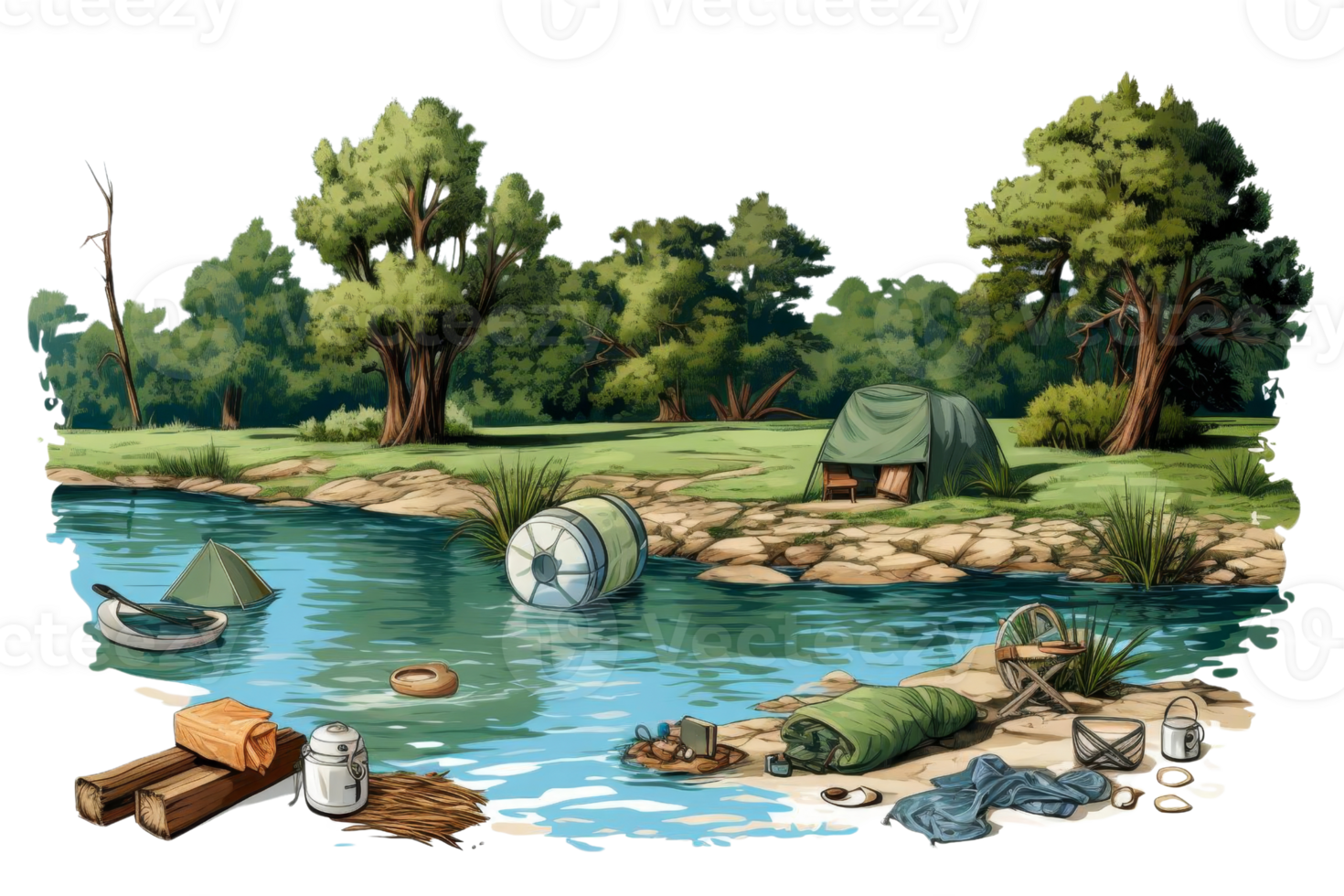 A painting of a forest with a river and a campsite. The campsite is littered with trash, including a large pile of garbage and a tent. The mood of the painting is one of sadness and disappointment png