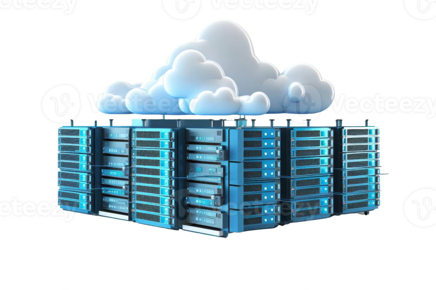 Conceptual illustration of cloud computing technology with server racks and cloud symbolizing data storage and management. png