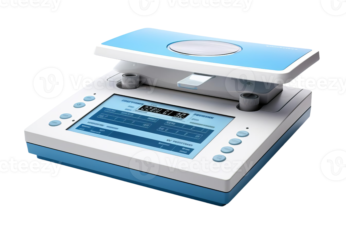 Digital medical device with display screen and interactive buttons used for advanced diagnostics and patient health monitoring in healthcare facilities. png
