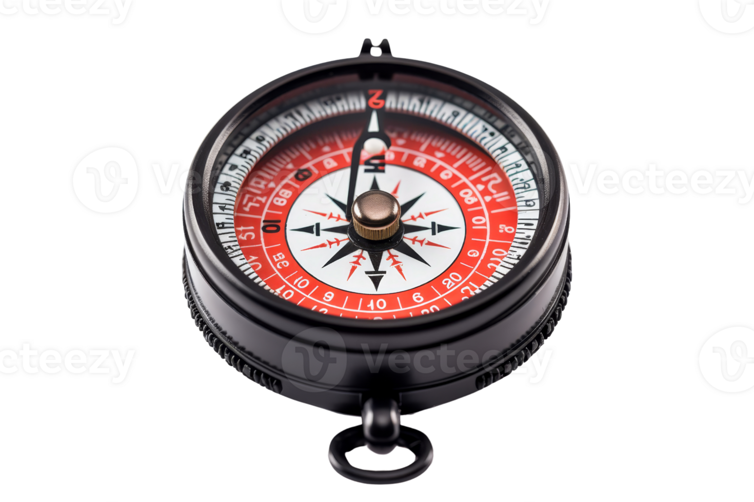 High-quality image of a traditional black compass with red and white markings, perfect for navigation, travel, and adventure themes. png