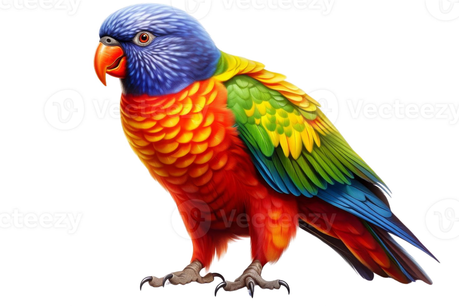 Colorful parrot with vibrant feathers in a standing pose, showcasing its beautiful and diverse plumage. png